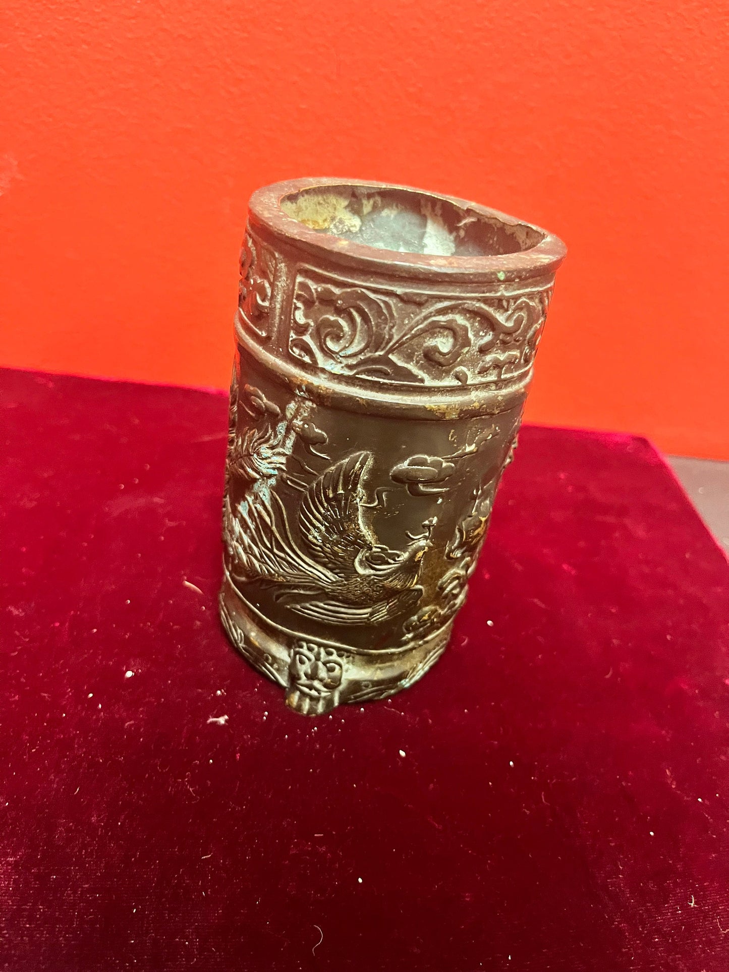 Beautiful 5 inch high signed antique Chinese metal dragon vase very cool and heavy