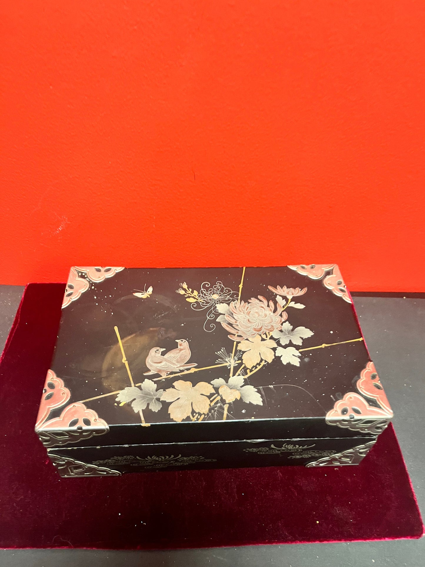 9.5 x 5.5 x 3 inches high signed Japanese silver and wood box couple scratches and marks beautiful piece
