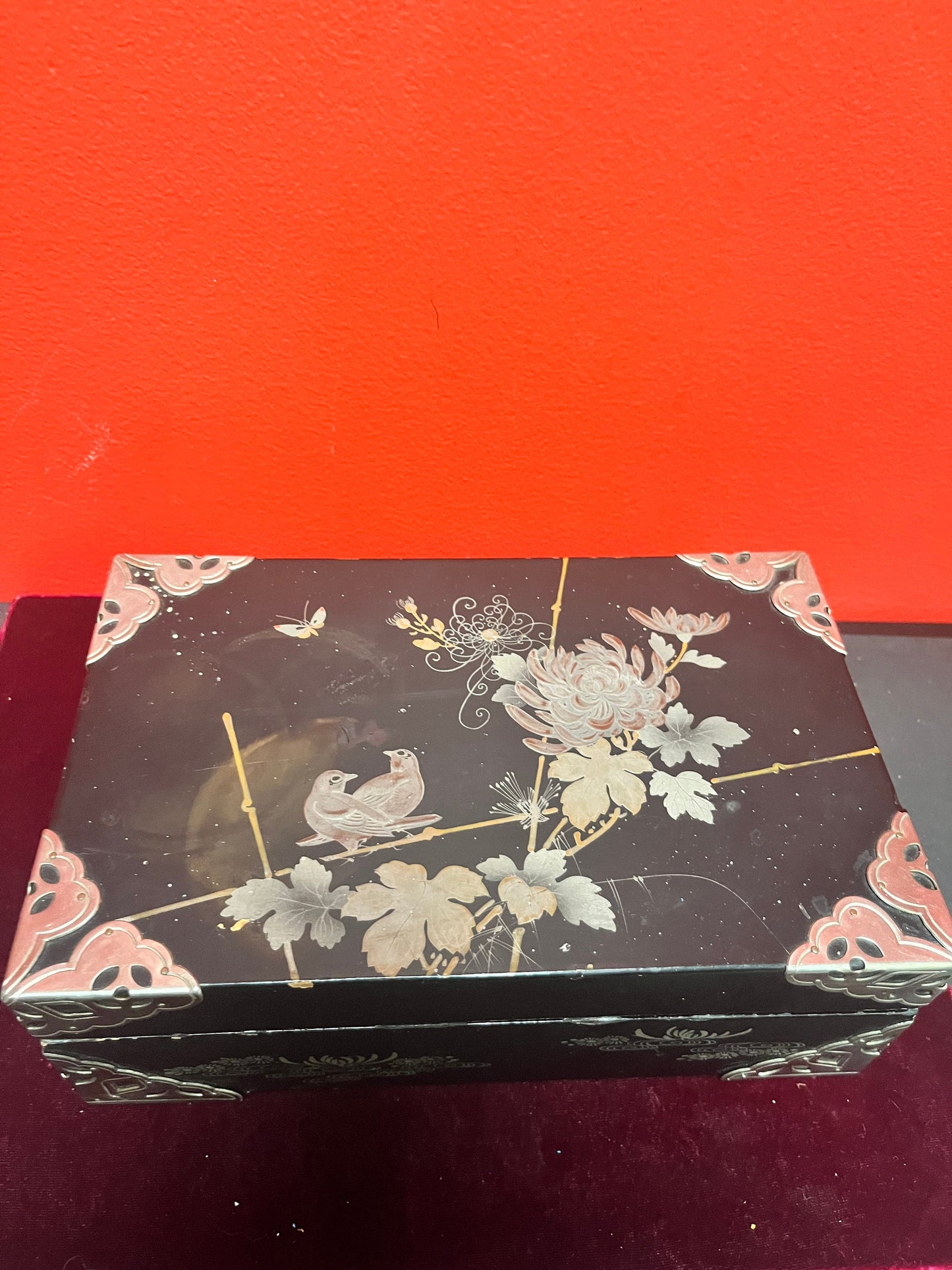 9.5 x 5.5 x 3 inches high signed Japanese silver and wood box couple scratches and marks beautiful piece