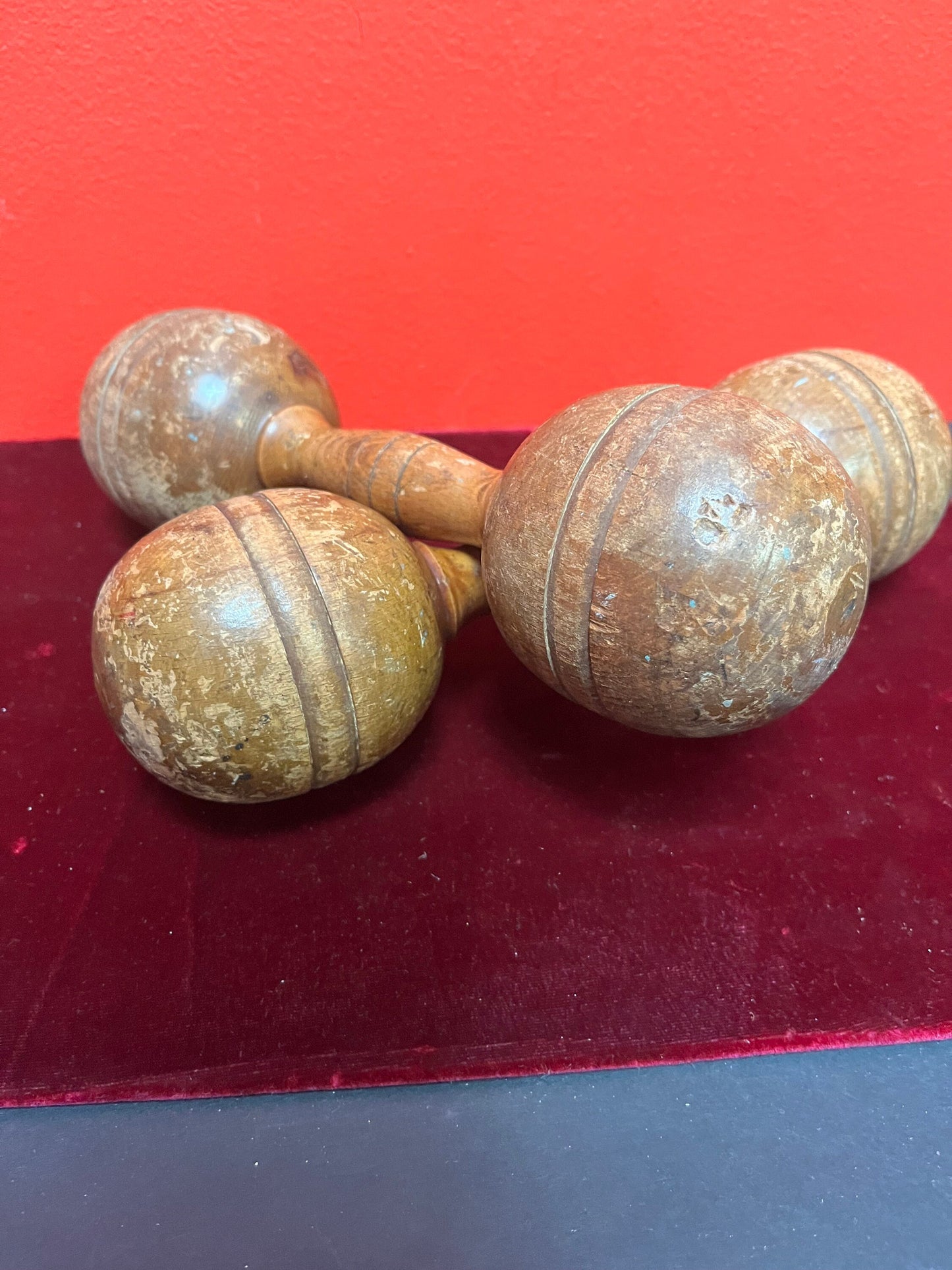 Antique 10 inch long, approximately 2 pounds each wooden dumbbells used condition so cool