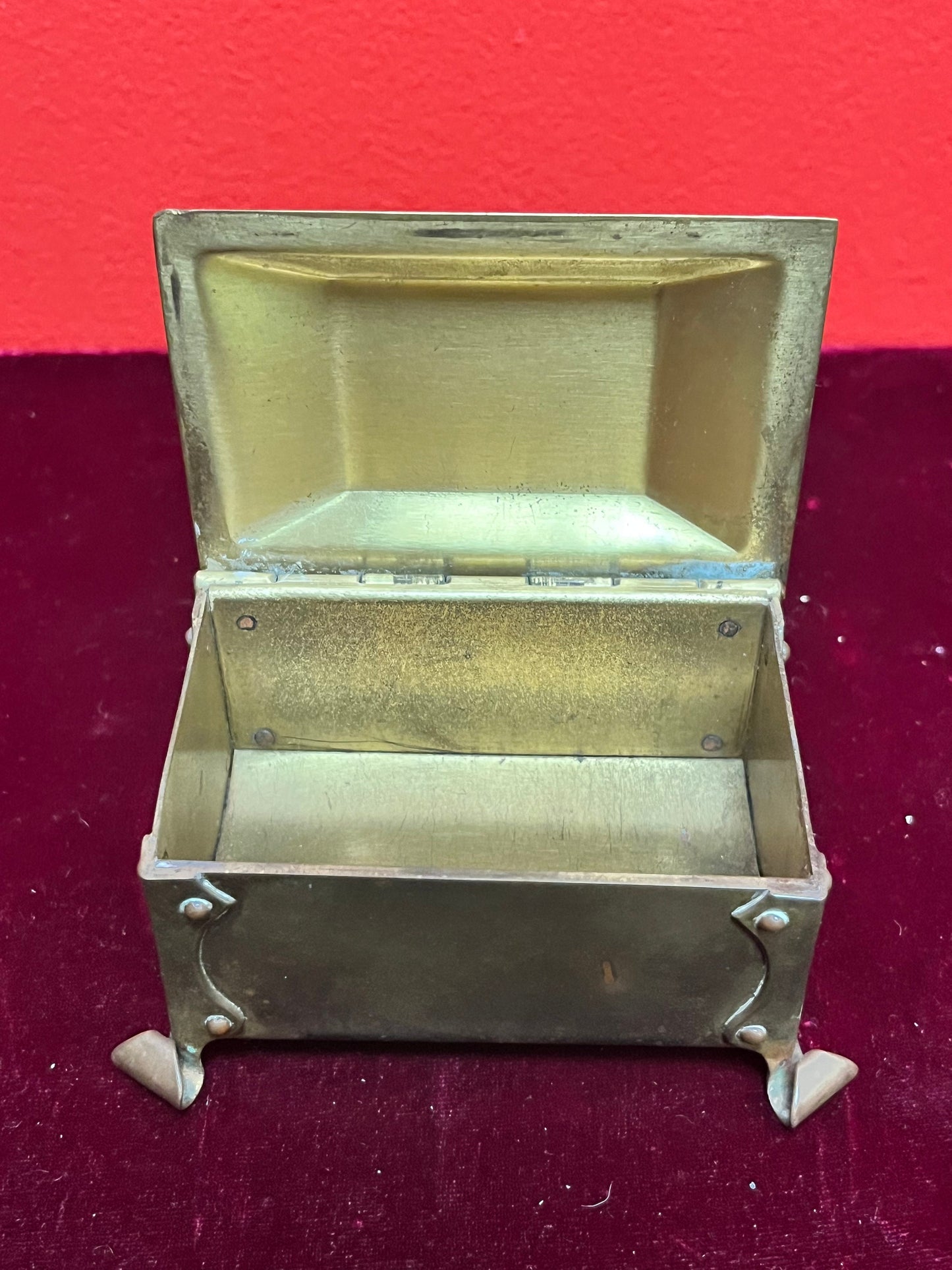 3 1/2 x 2 1/2 x 2 high small arts and crafts bronze box nice patina and condition