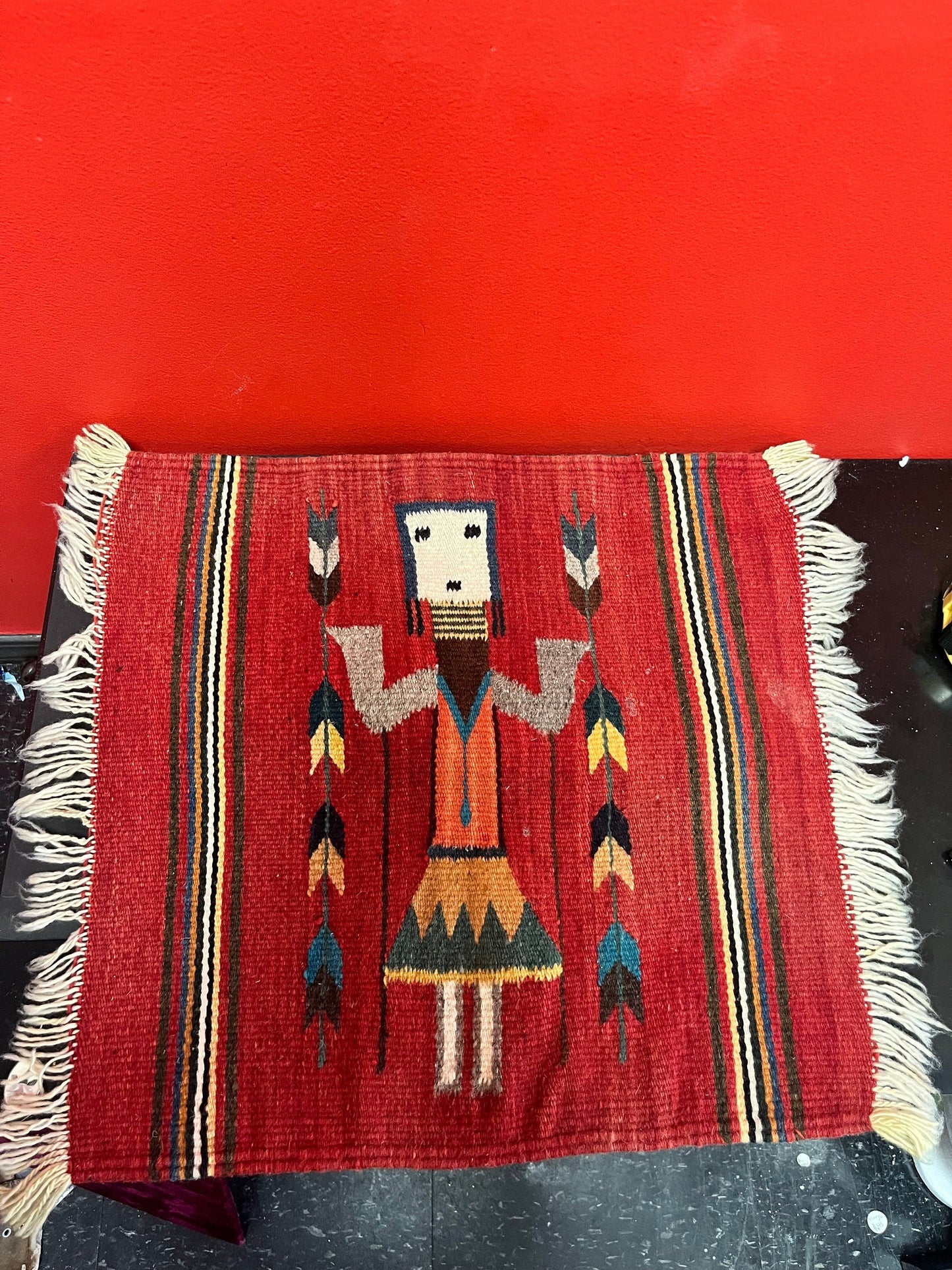 Museum quality 22 x 18 high  authentic Navajo yei textile in Fabulous condition  deep red background  wow
