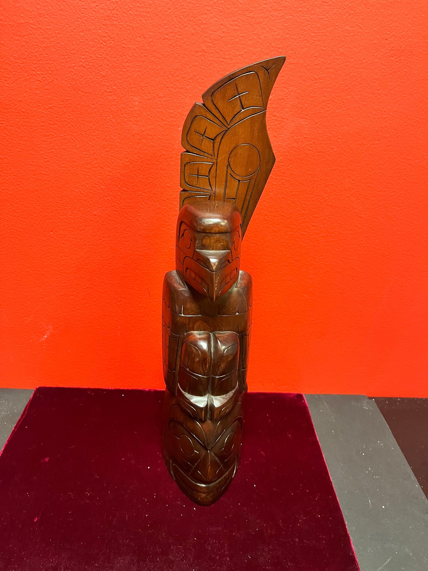 Stunning 11 x 15 wide stained cedar signed indigenous, first nations pacific northwest coast totem pole with wings wow great detail