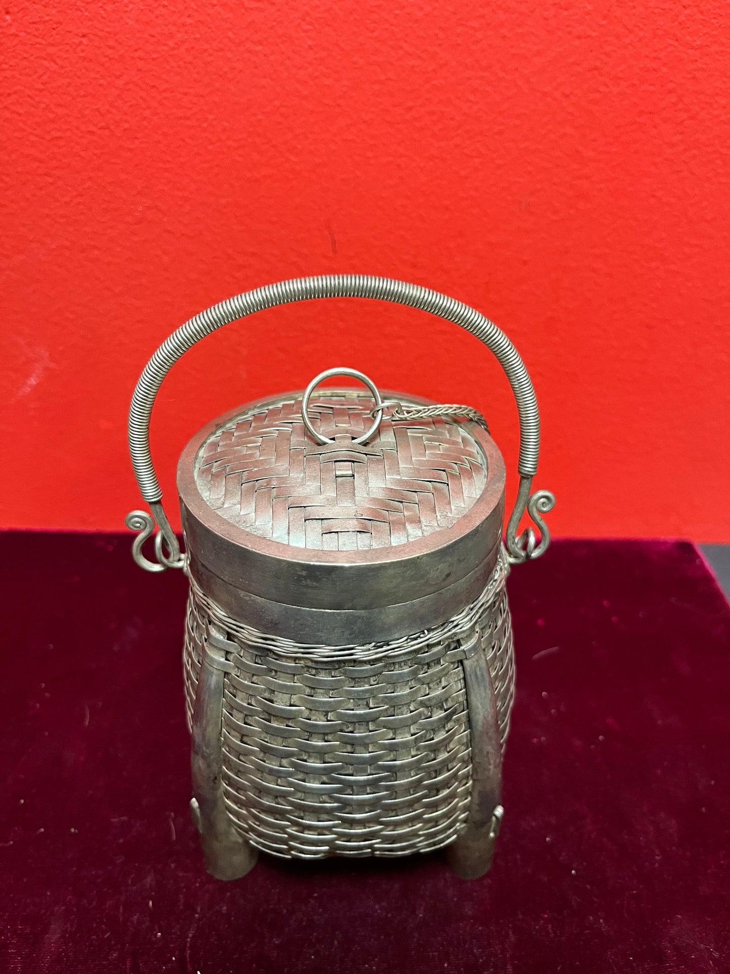 8 inch tall Chinese silver basket box unmarked