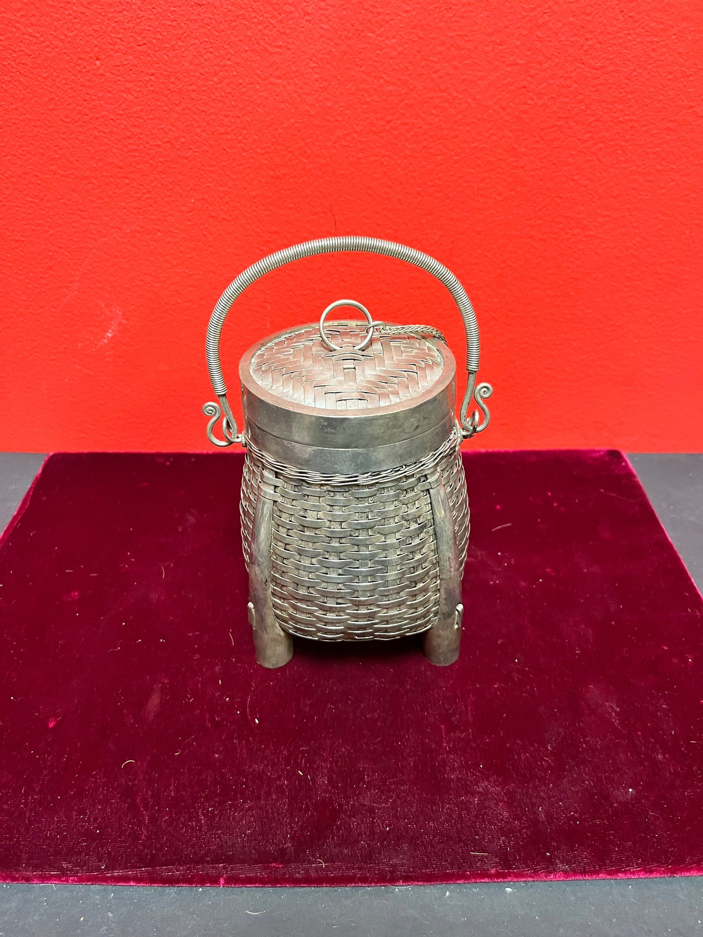 8 inch tall Chinese silver basket box unmarked