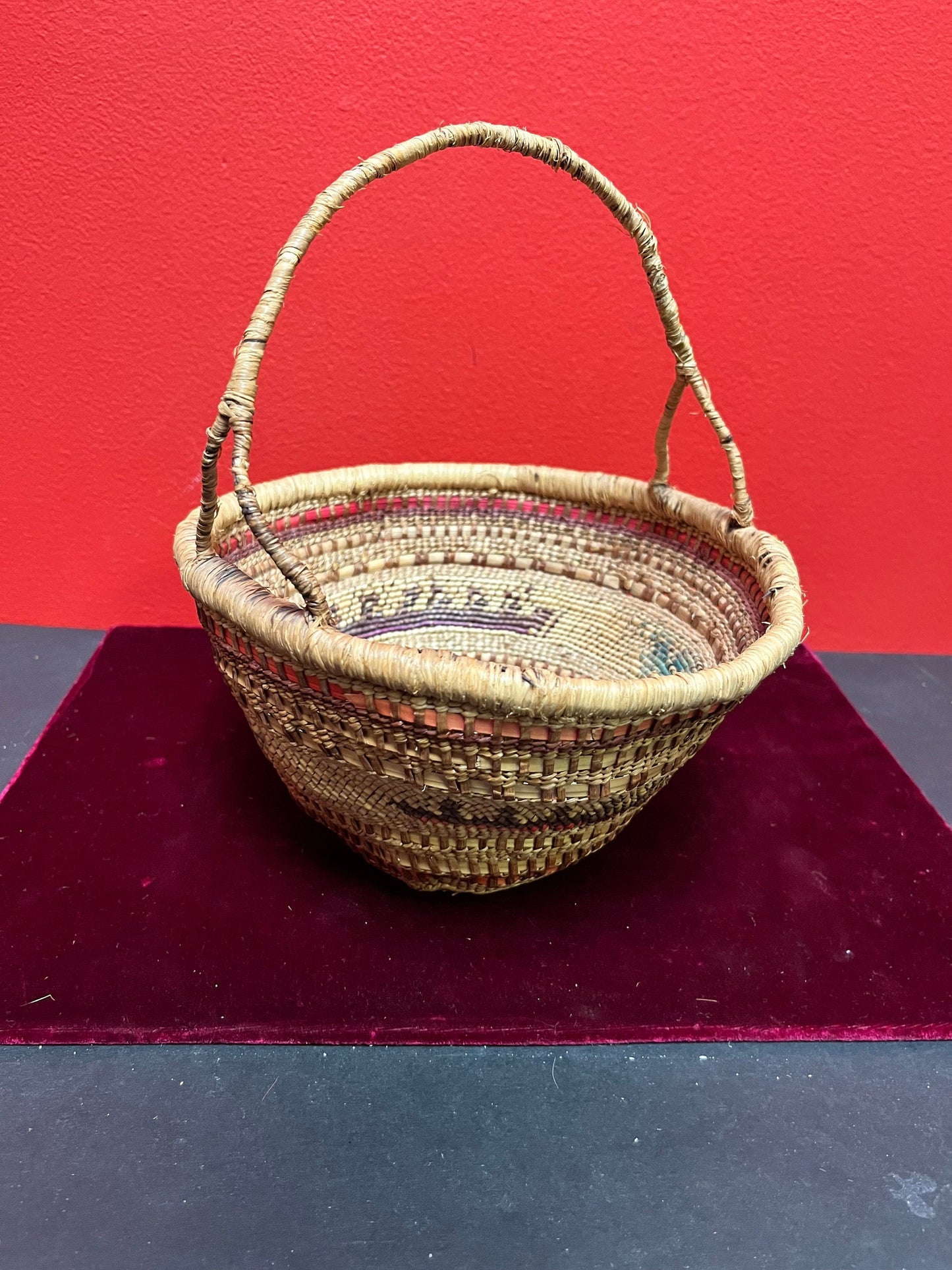 Stunning 8 x 10 high indigenous Canadian native antique woven basket with delicious handle wow
