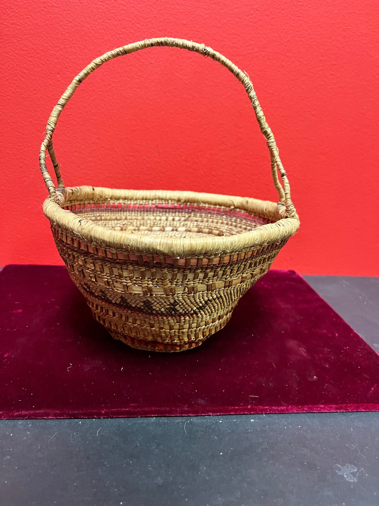 Stunning 8 x 10 high indigenous Canadian native antique woven basket with delicious handle wow
