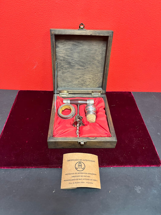 Very cool Argentinian wood and silver plated bar set in original box with certificate  perfect gift