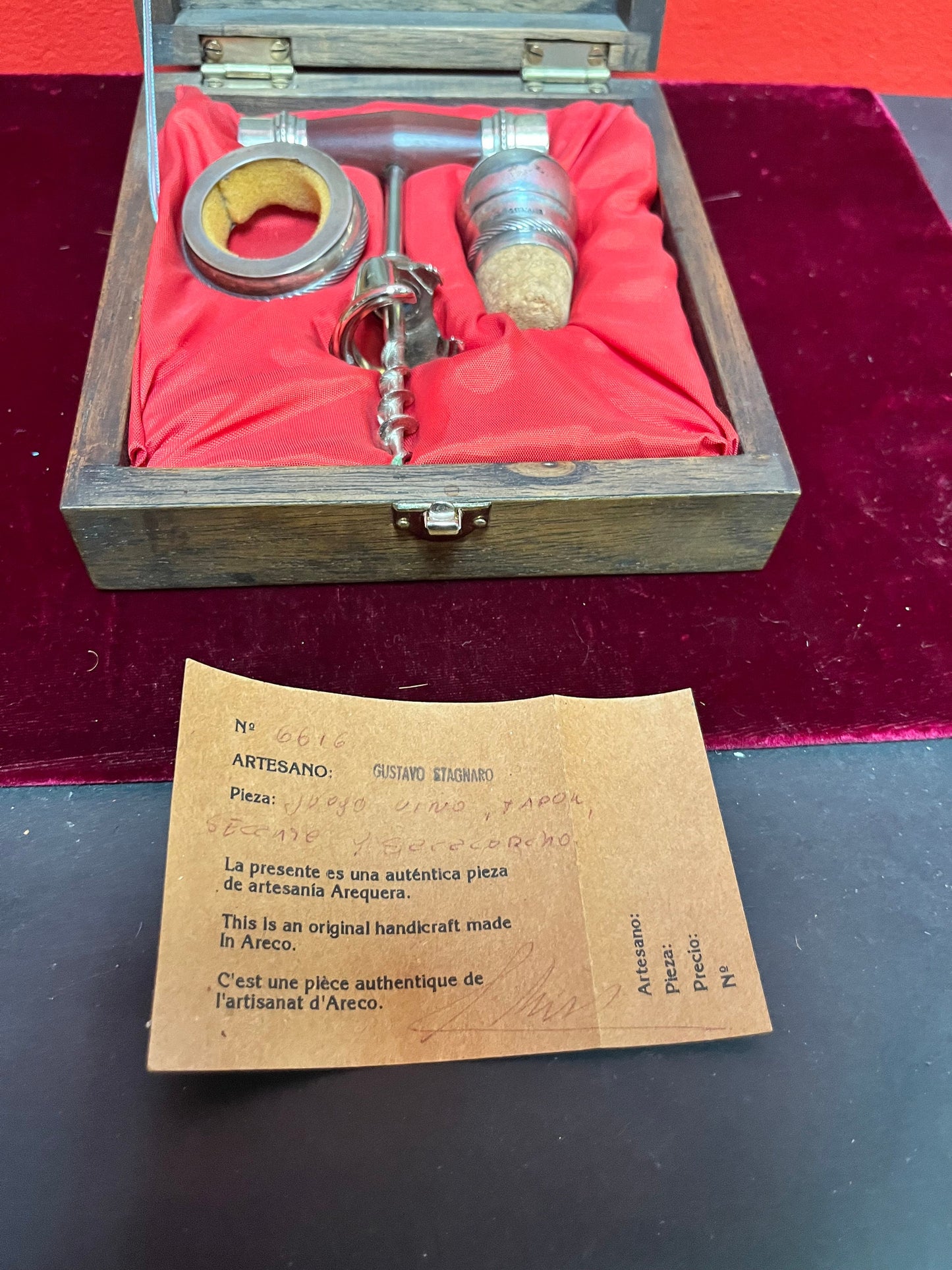 Very cool Argentinian wood and silver plated bar set in original box with certificate perfect gift