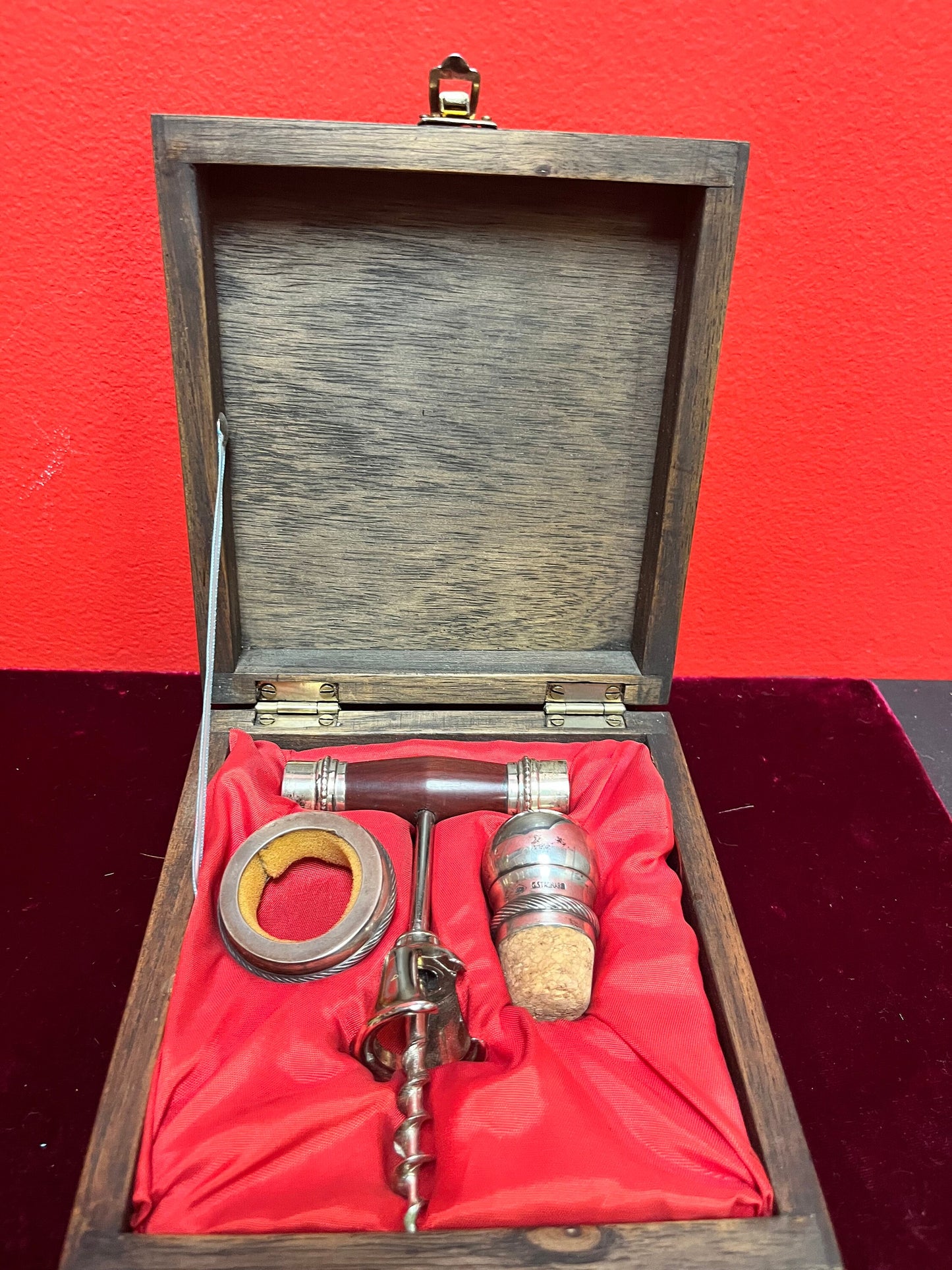 Very cool Argentinian wood and silver plated bar set in original box with certificate perfect gift