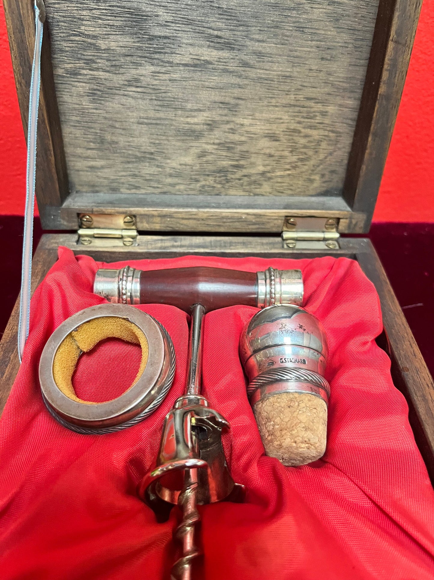 Very cool Argentinian wood and silver plated bar set in original box with certificate perfect gift