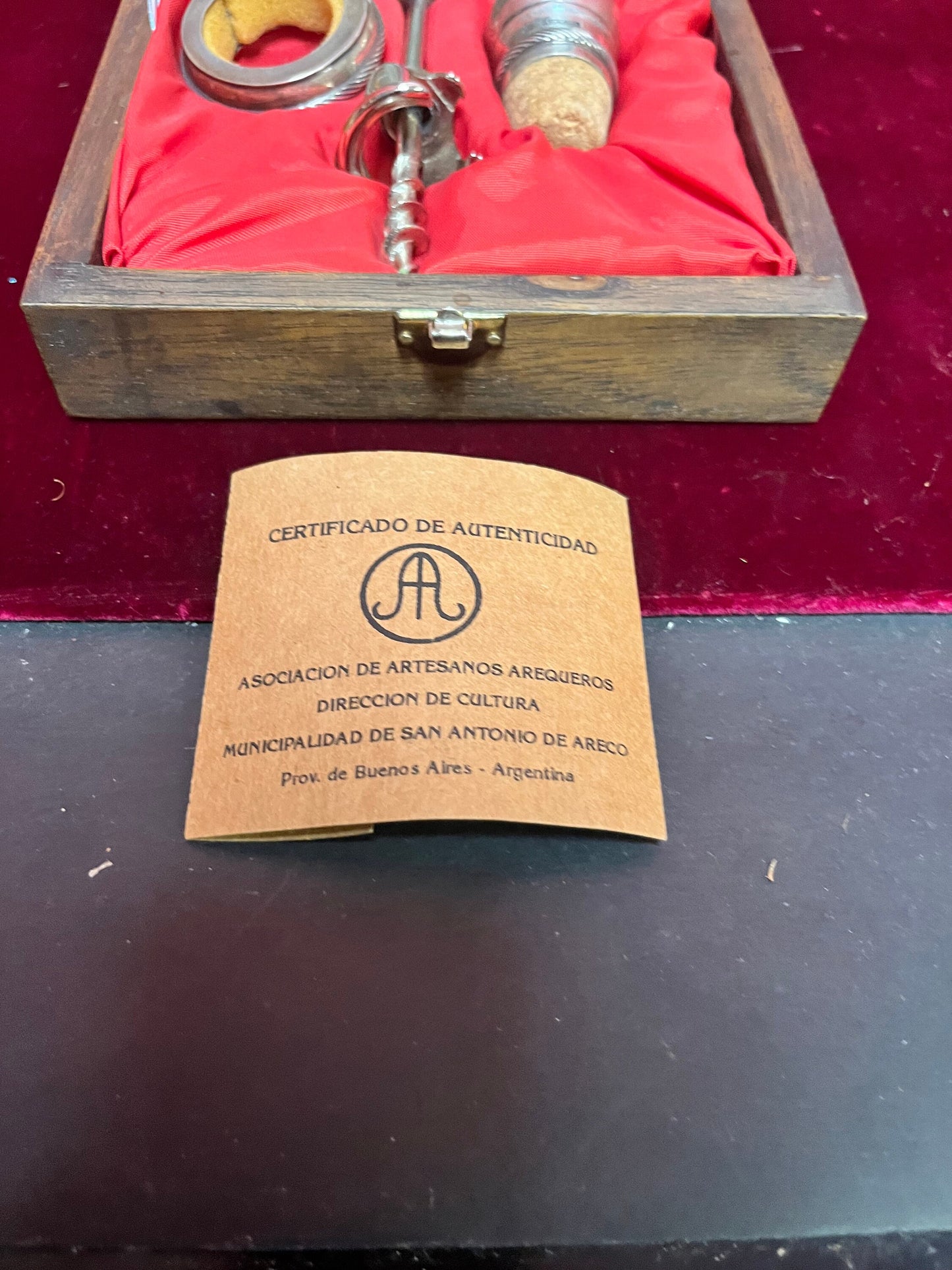 Very cool Argentinian wood and silver plated bar set in original box with certificate perfect gift