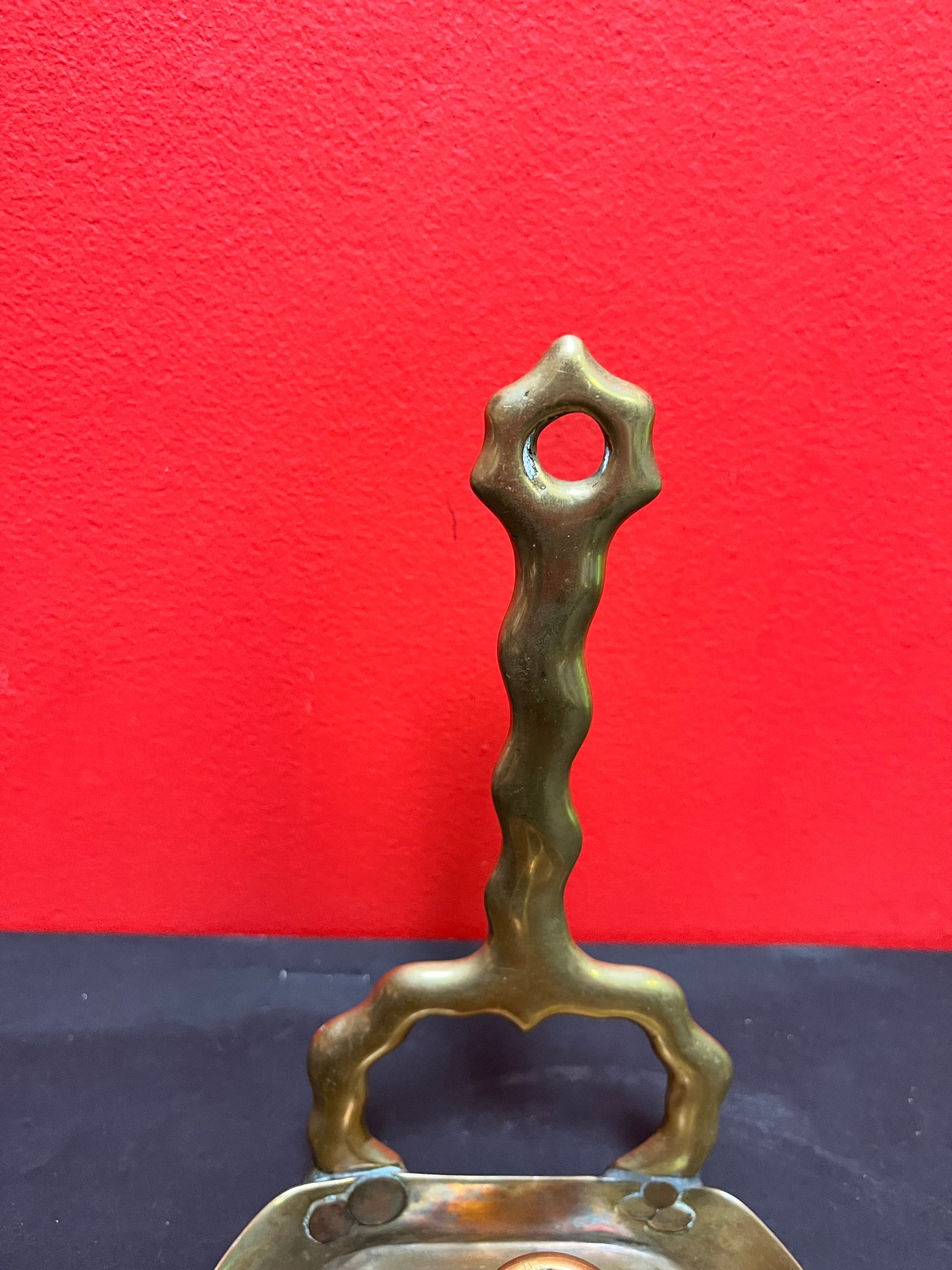 Very early antique English brass ships candleholder wonderful Patina 353 grams 9 inches high
