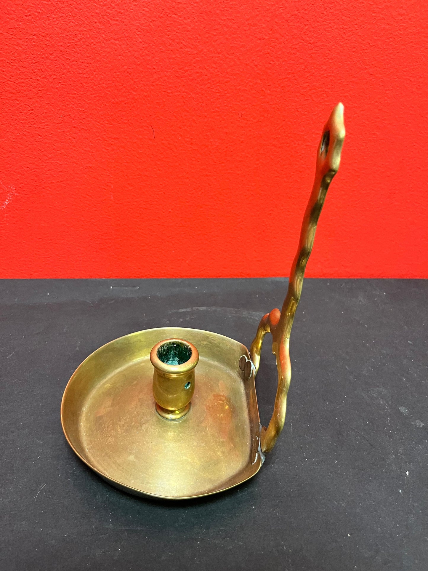 Very early antique English brass ships candleholder wonderful Patina 353 grams 9 inches high