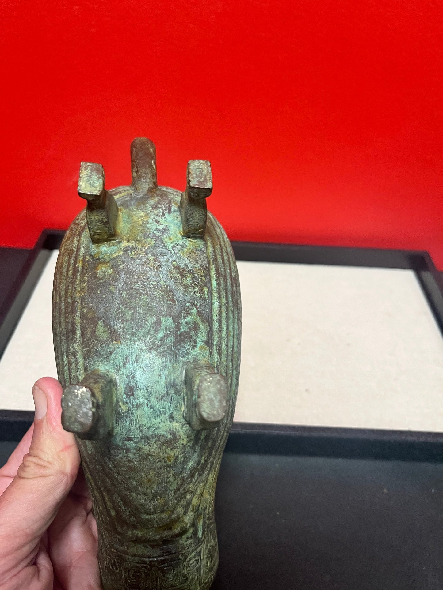A Museum quality 8 1/2 x 3 1/2 x 3 high stunning heavy Chinese bronze drinking vessel Shang dynasty style - amazing patina