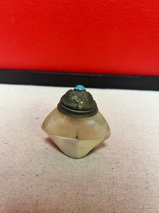 Lovely, 2 inch high shell and bronze bottle  with cartouche  As is  priced accordingly