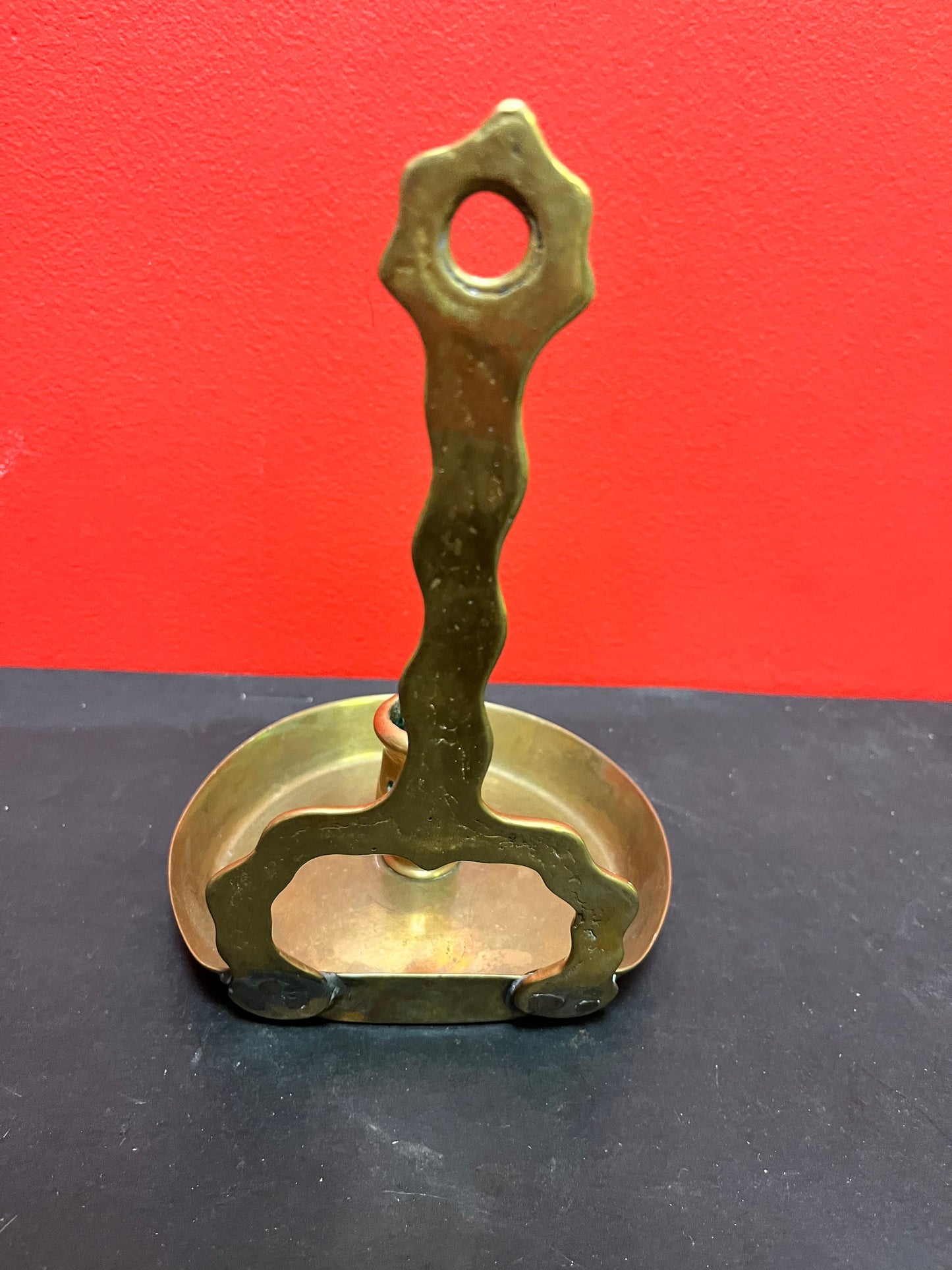 Very early antique English brass ships candleholder wonderful Patina 353 grams 9 inches high