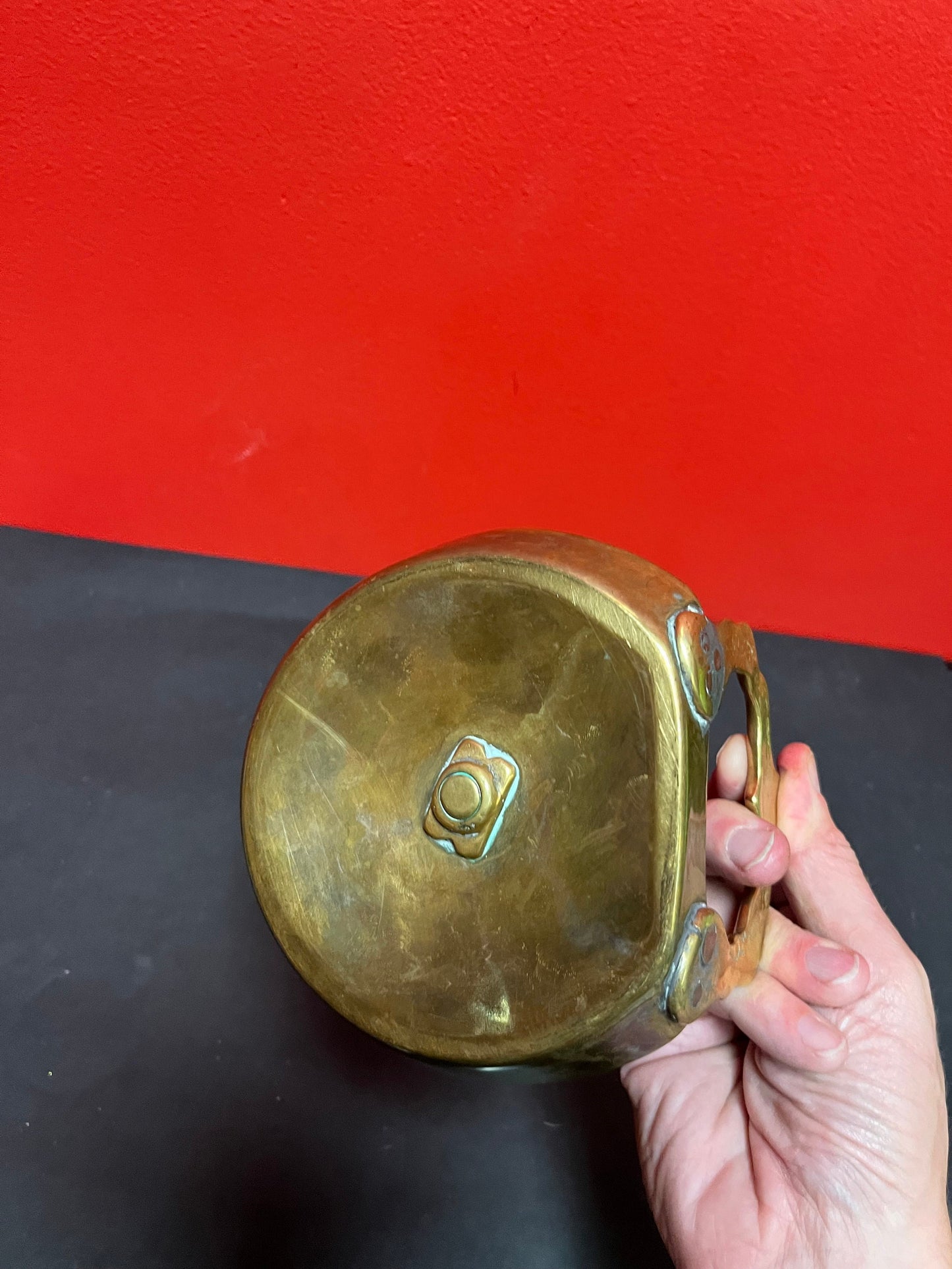Very early antique English brass ships candleholder wonderful Patina 353 grams 9 inches high