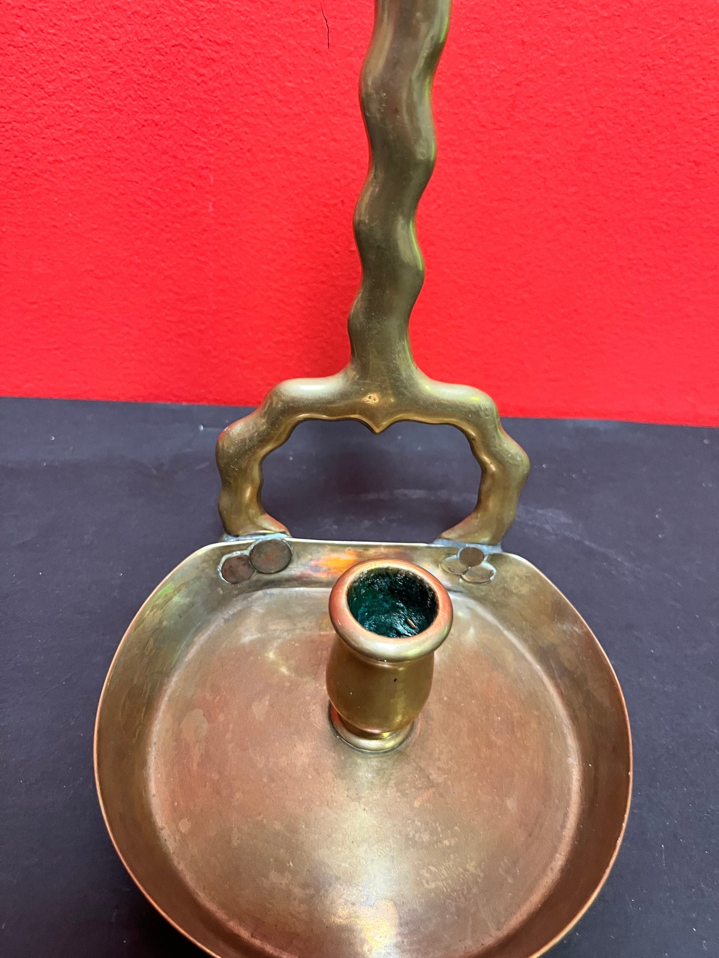 Very early antique English brass ships candleholder wonderful Patina 353 grams 9 inches high