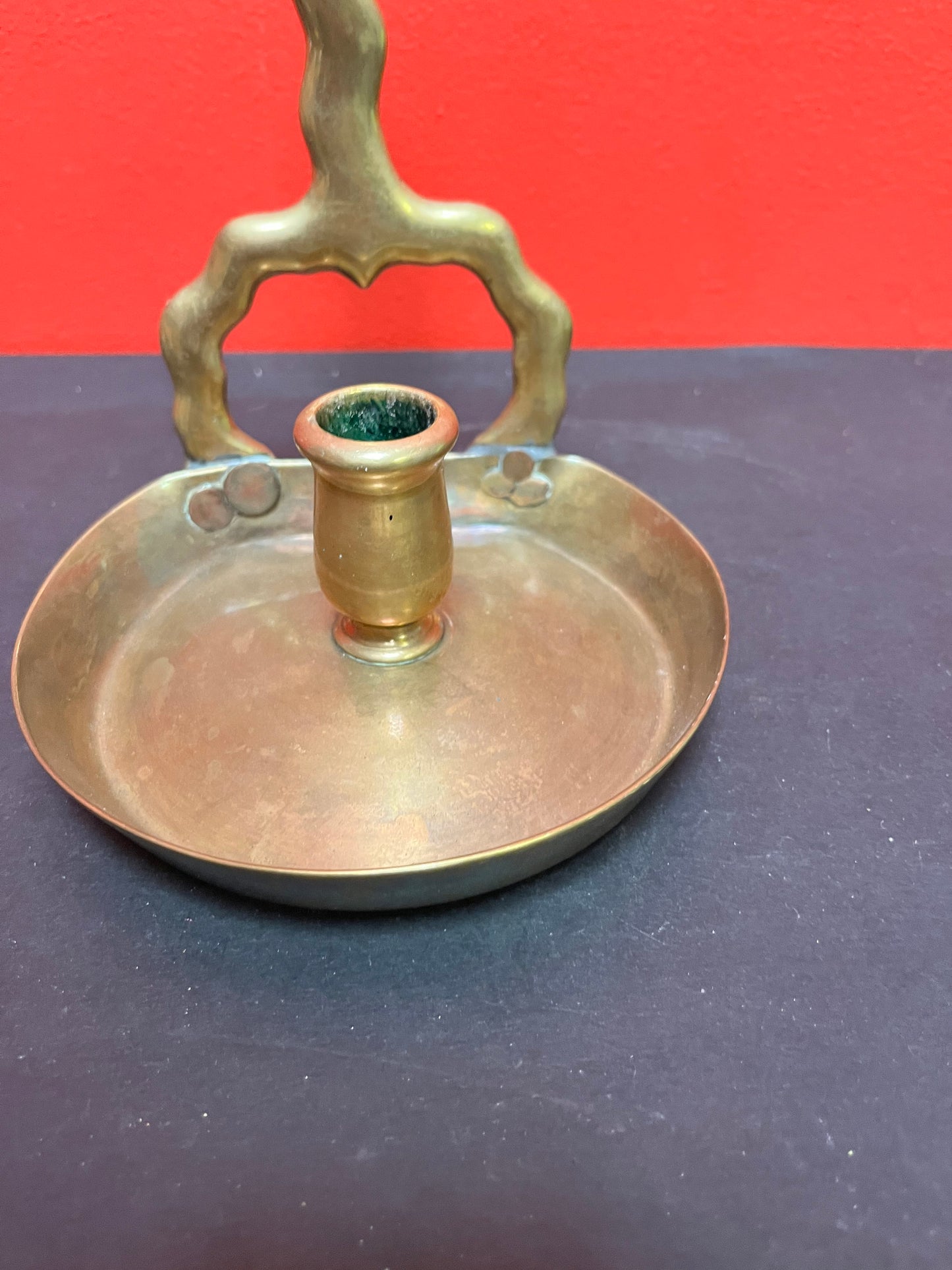 Very early antique English brass ships candleholder wonderful Patina 353 grams 9 inches high