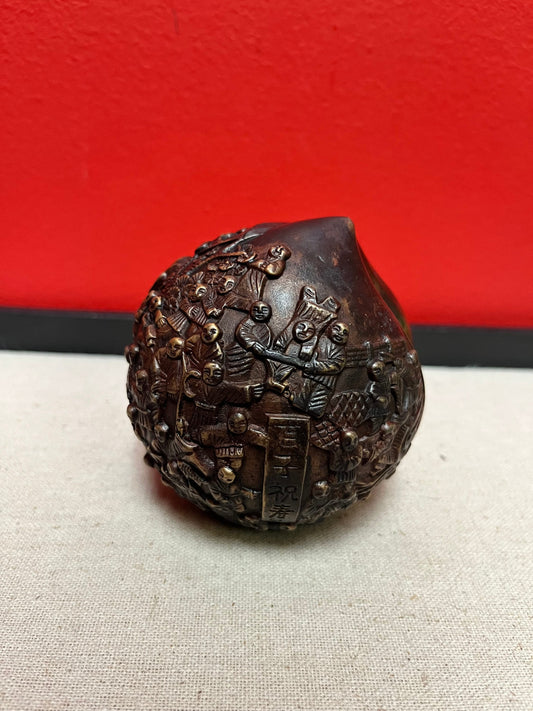 Stunning Chinese antique signed bronze birthday celebration peach with Confucius scene  signed with Great Patina - 4 inches high- 175 grams