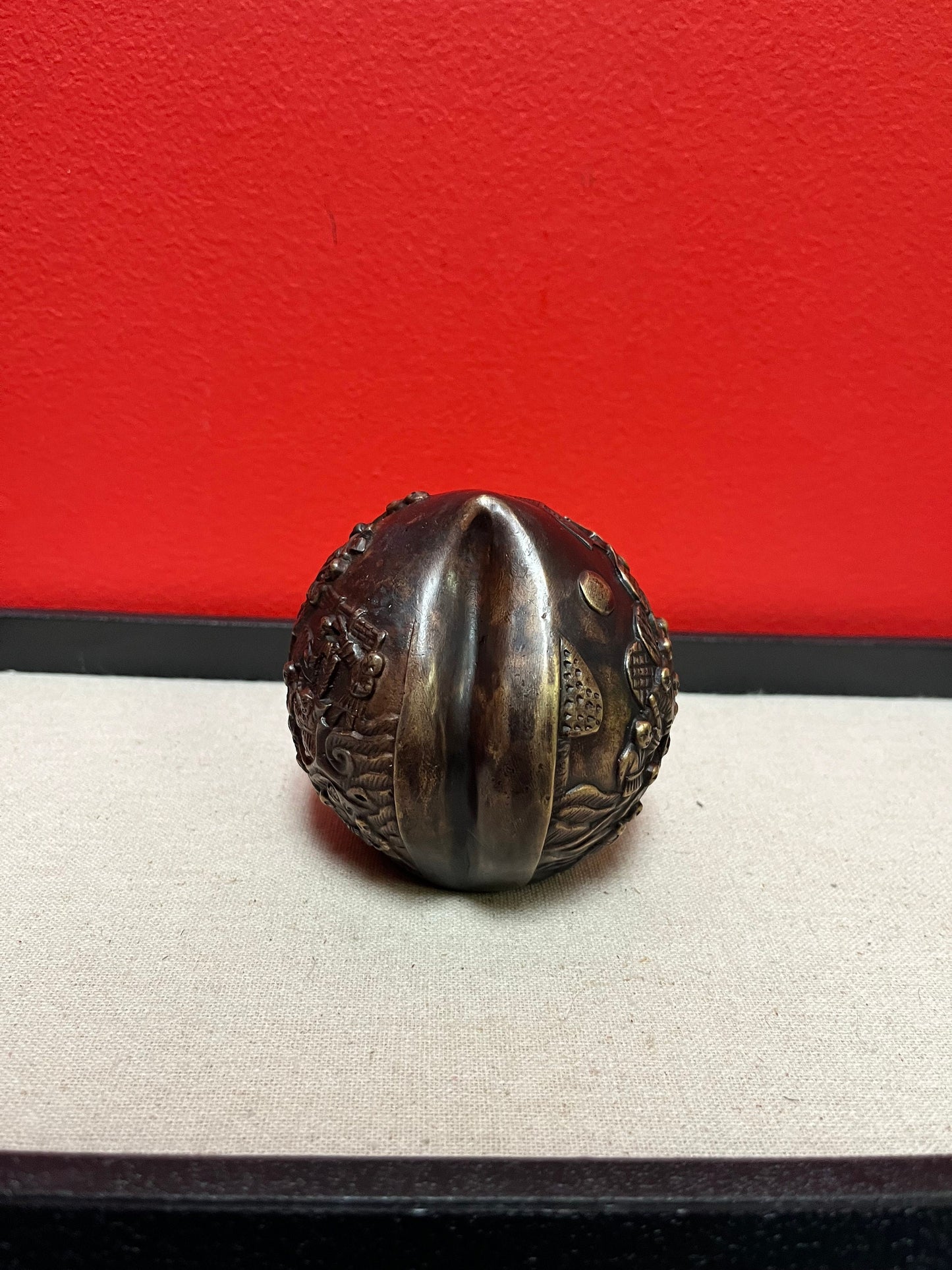 Stunning Chinese antique signed bronze birthday celebration peach with Confucius scene  signed with Great Patina - 4 inches high- 175 grams
