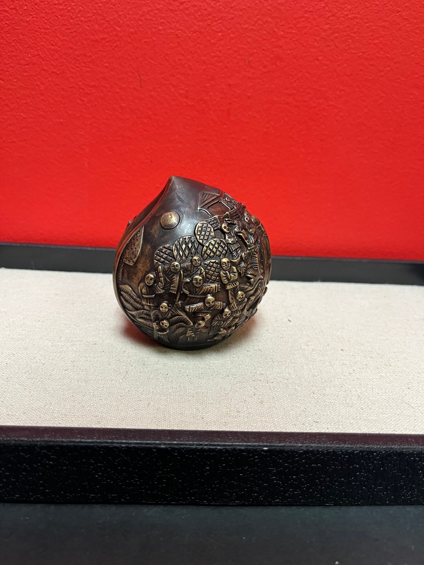 Stunning Chinese antique signed bronze birthday celebration peach with Confucius scene  signed with Great Patina - 4 inches high- 175 grams