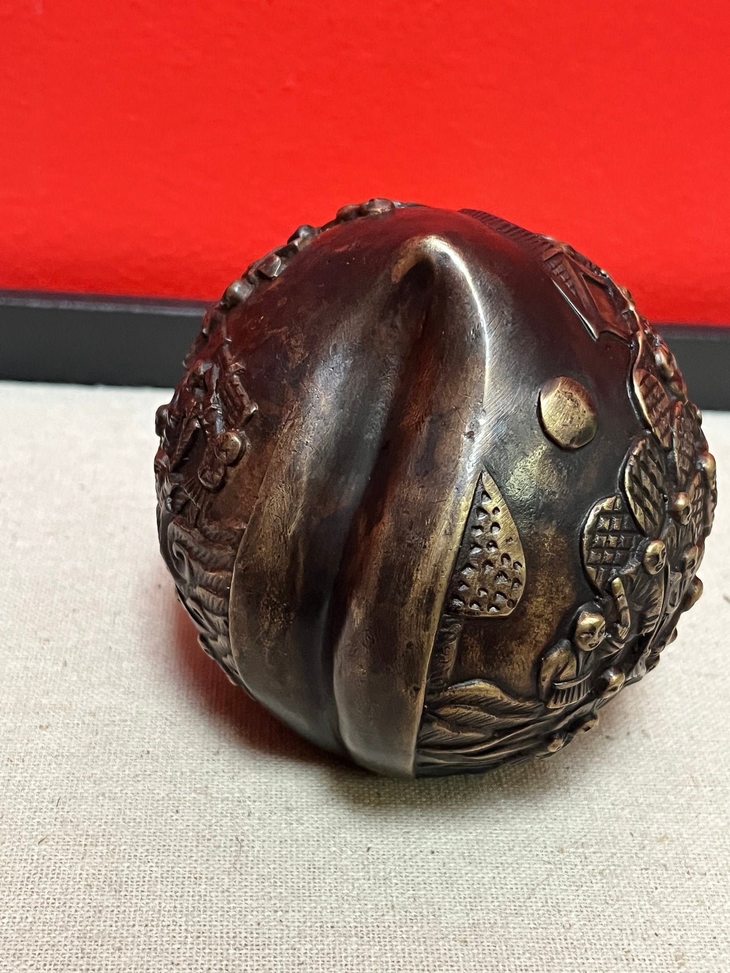 Stunning Chinese antique signed bronze birthday celebration peach with Confucius scene  signed with Great Patina - 4 inches high- 175 grams