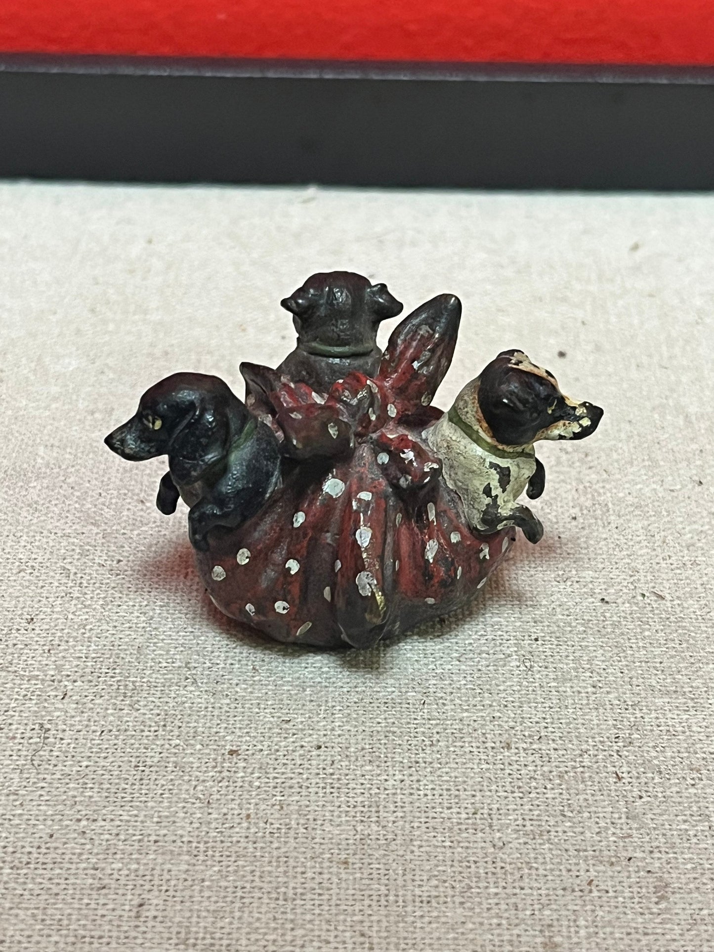 Stunning 2 inch Franz Bergman cold painted bronze pug dogs in a blanket - great condition wow