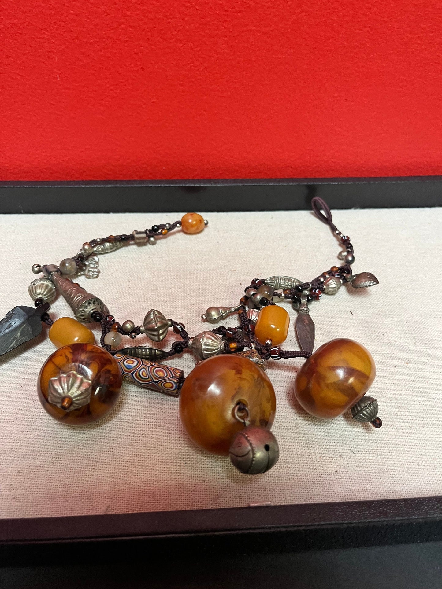 Stunning Tribal necklace choker with a variety of beads etc — approx 17 inches long total