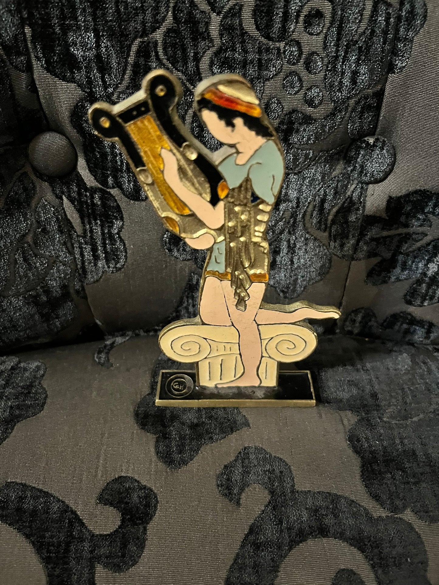 Extremely cool 6 inch high enamel on bronze and copper statue from Greece