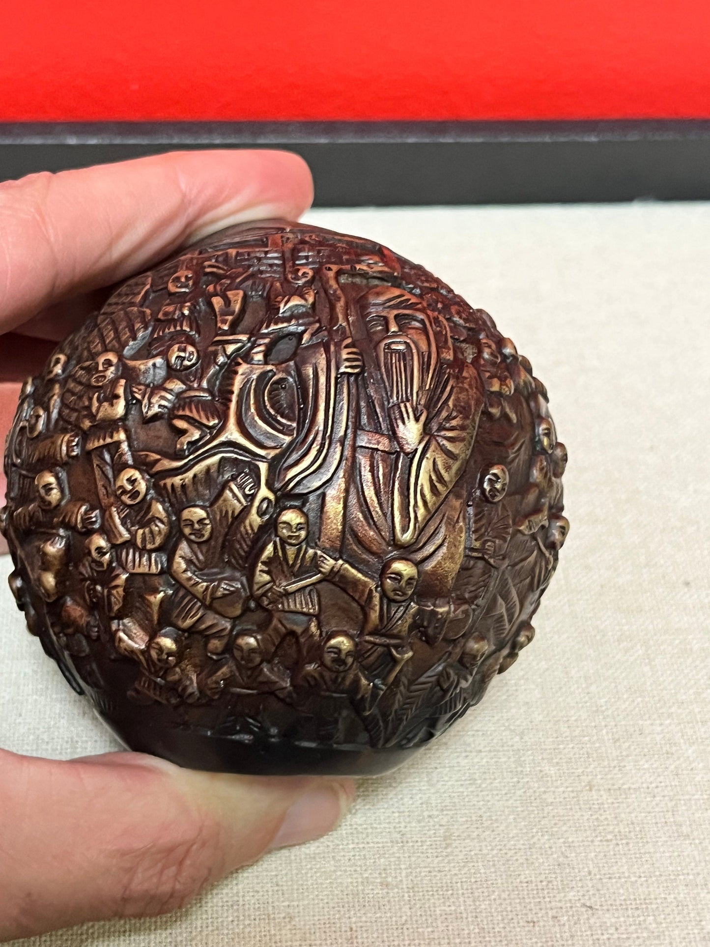 Stunning Chinese antique signed bronze birthday celebration peach with Confucius scene  signed with Great Patina - 4 inches high- 175 grams