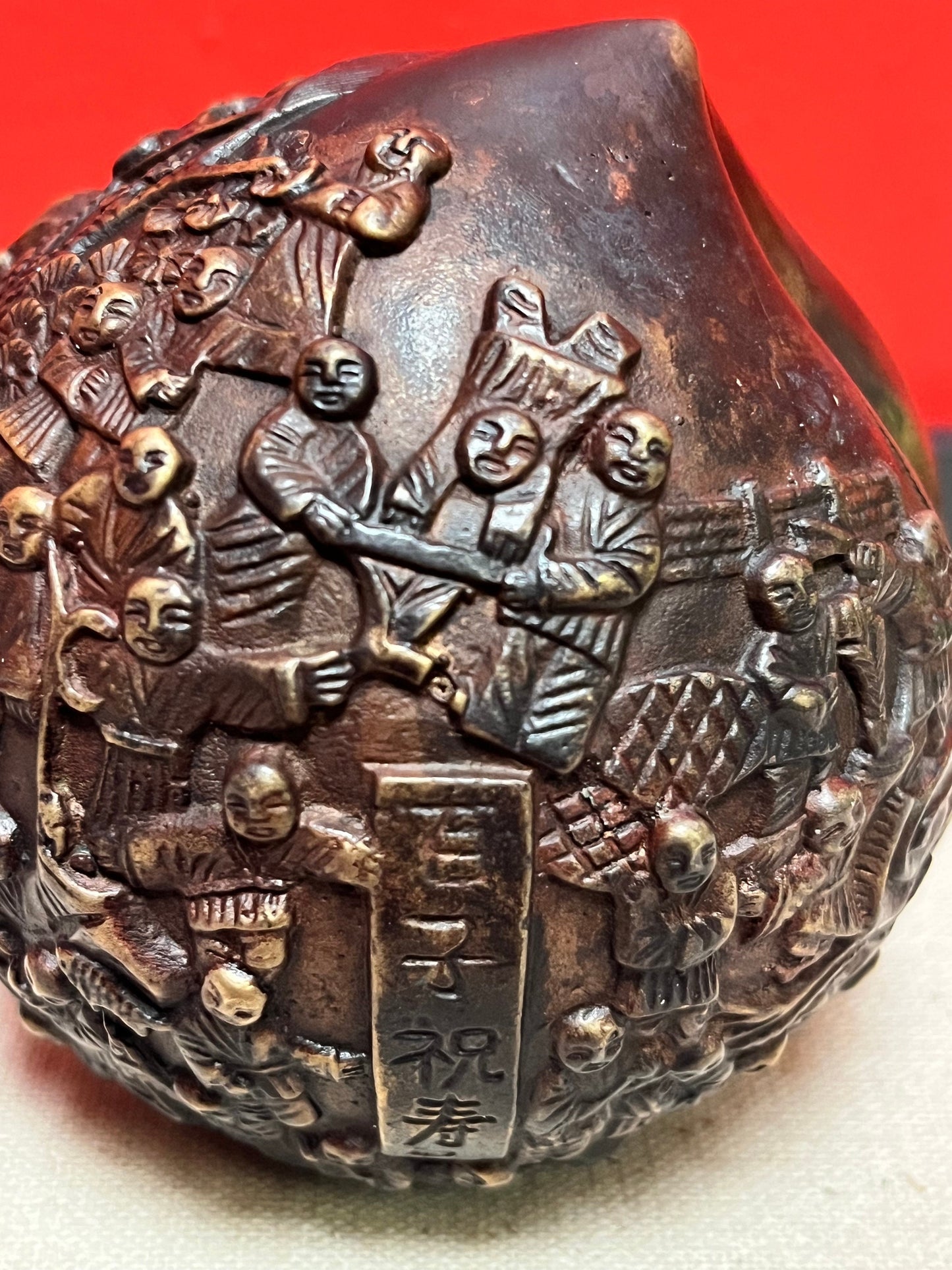 Stunning Chinese antique signed bronze birthday celebration peach with Confucius scene  signed with Great Patina - 4 inches high- 175 grams