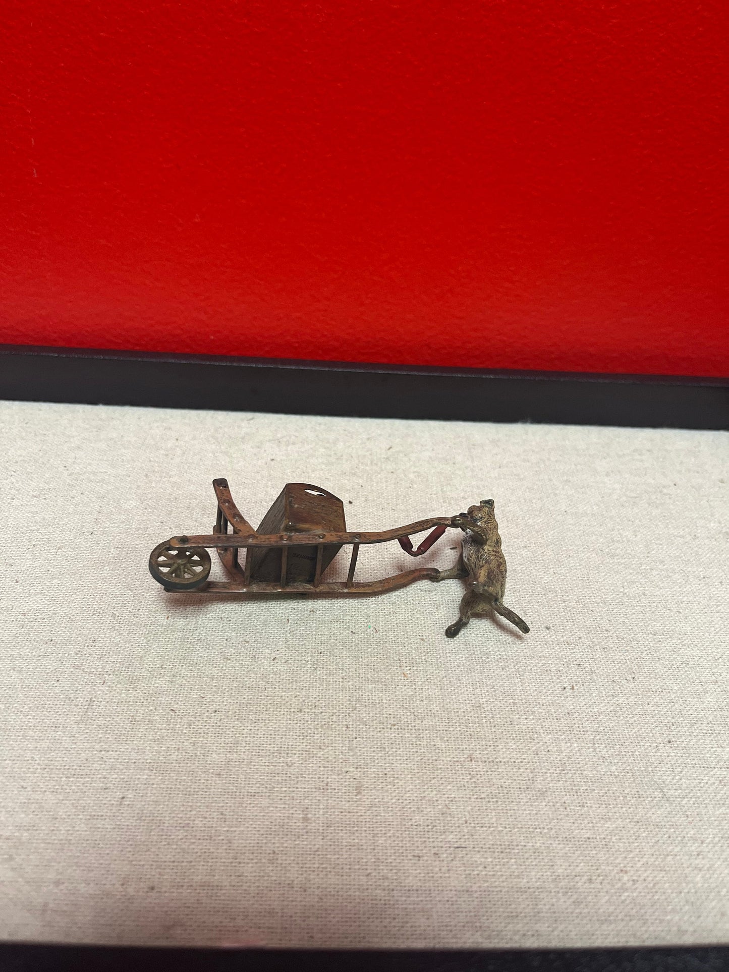 Authentic 4 inch signed rare Franz Bergman call painted Austrian bronze of a pug dog pushing a cart   wow