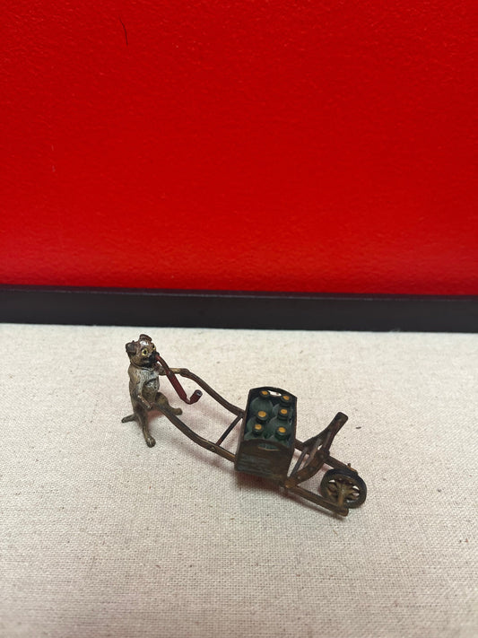 Authentic 4 inch signed rare Franz Bergman call painted Austrian bronze of a pug dog pushing a cart   wow