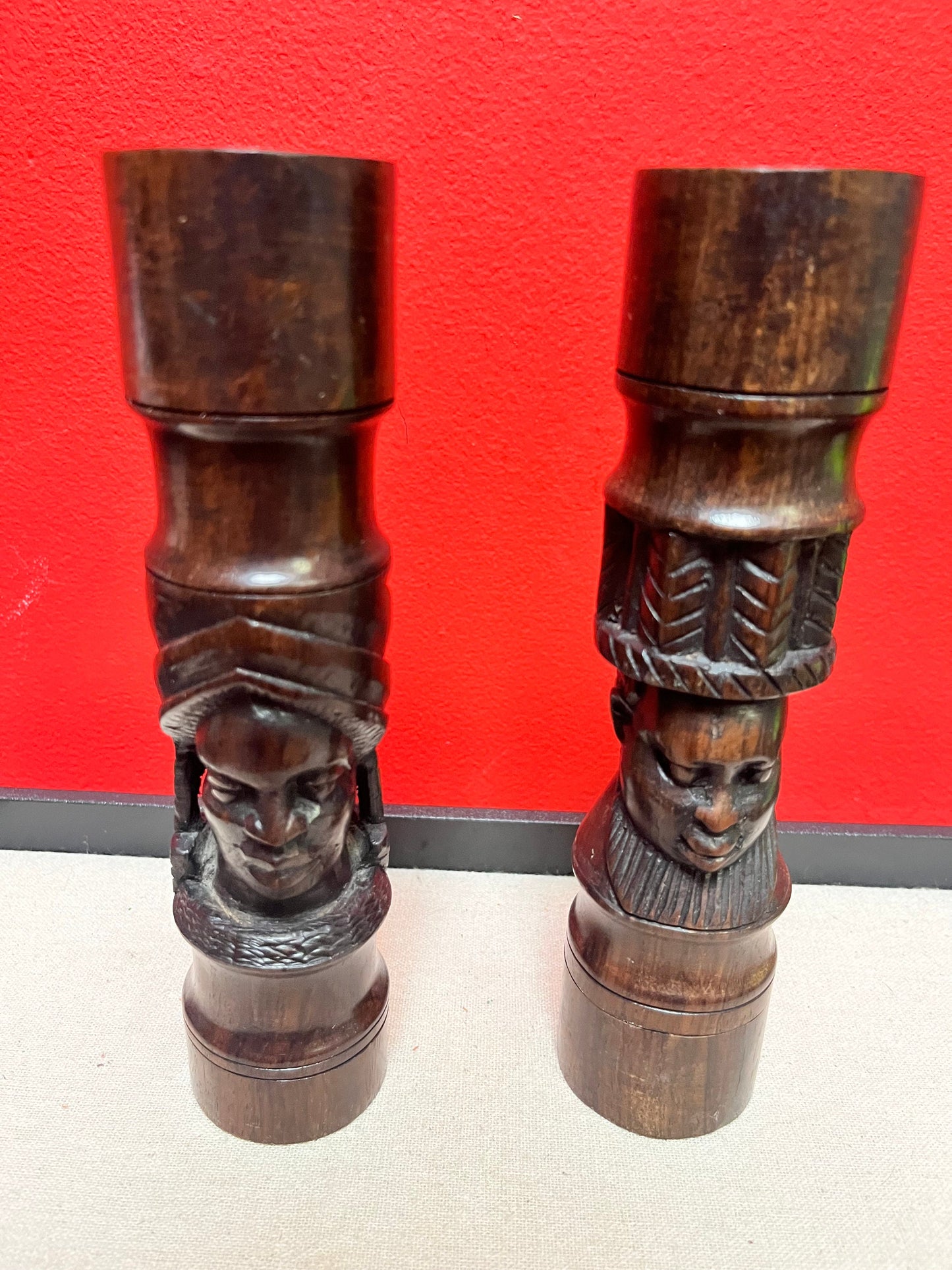Beautiful 8 inch tall extremely well carved African Ebony wood salt and pepper beautiful design