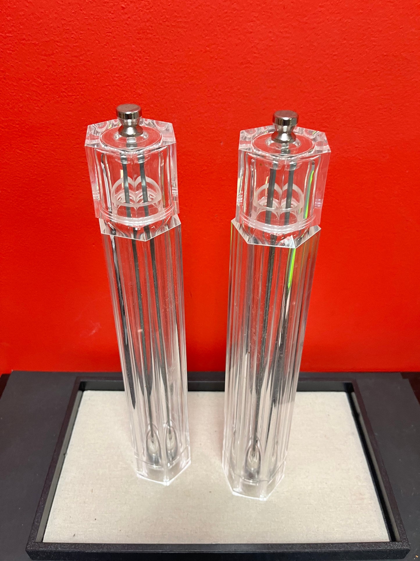 Crazy cool vintage chic iconic plexiglass salt and pepper!! these belong on a movie set both 16 inches tall