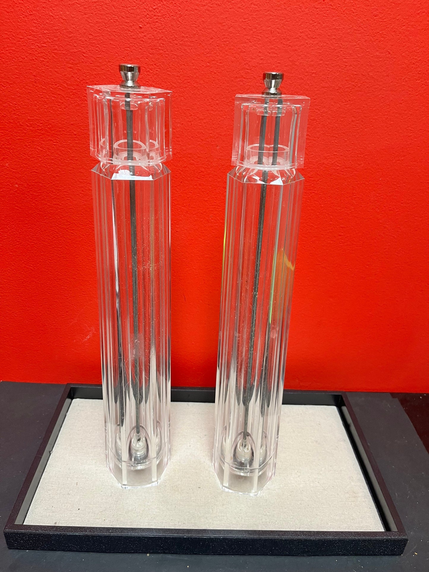 Crazy cool vintage chic iconic plexiglass salt and pepper!! these belong on a movie set both 16 inches tall