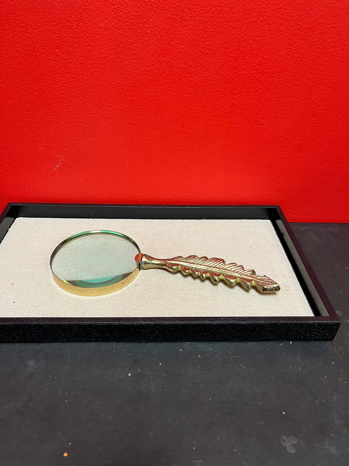 Lovely Moderne 10 inch long, brass feather handled magnifying glass perfect gift
