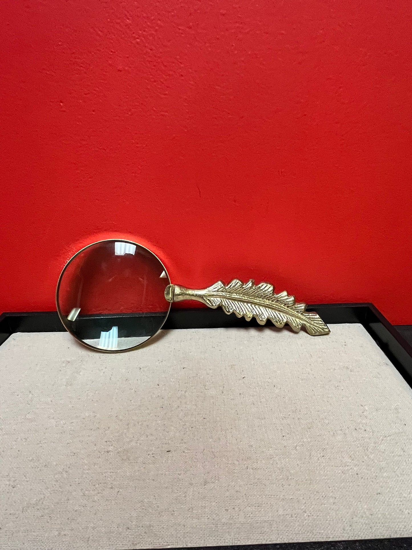 Lovely Moderne 10 inch long, brass feather handled magnifying glass perfect gift