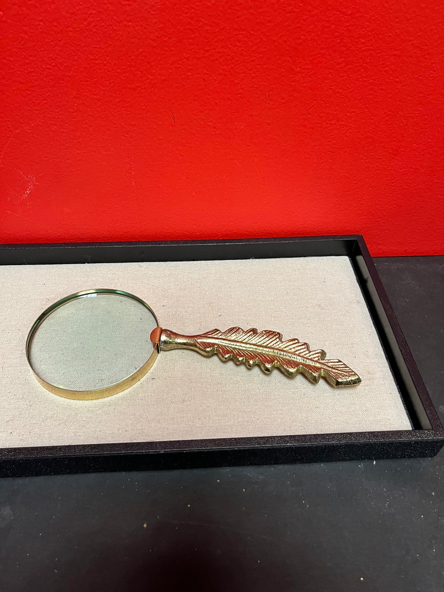 Lovely Moderne 10 inch long, brass feather handled magnifying glass perfect gift