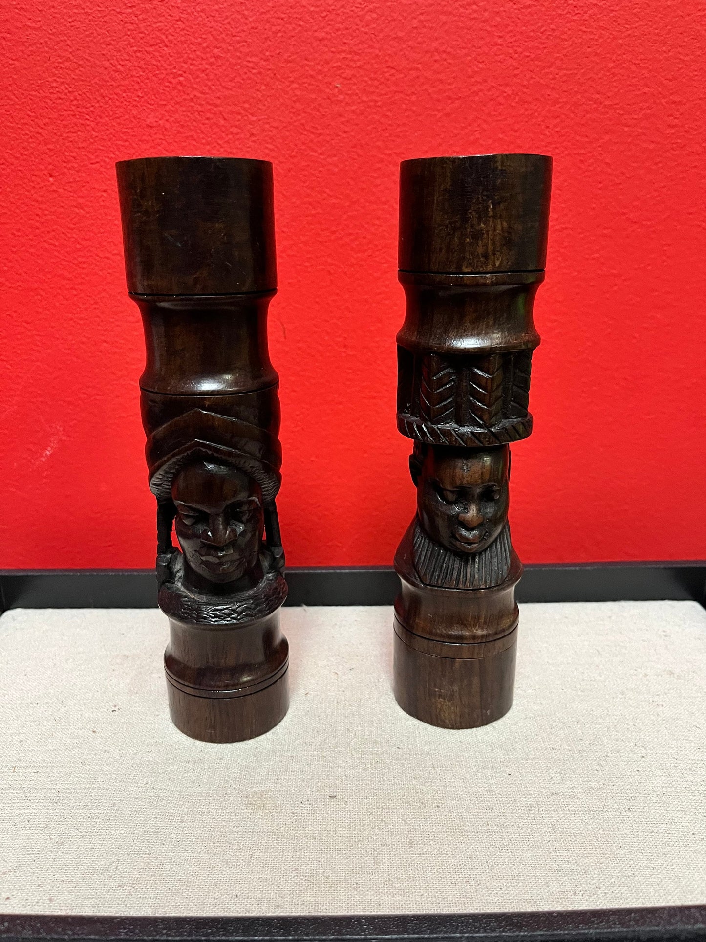 Beautiful 8 inch tall extremely well carved African Ebony wood salt and pepper beautiful design