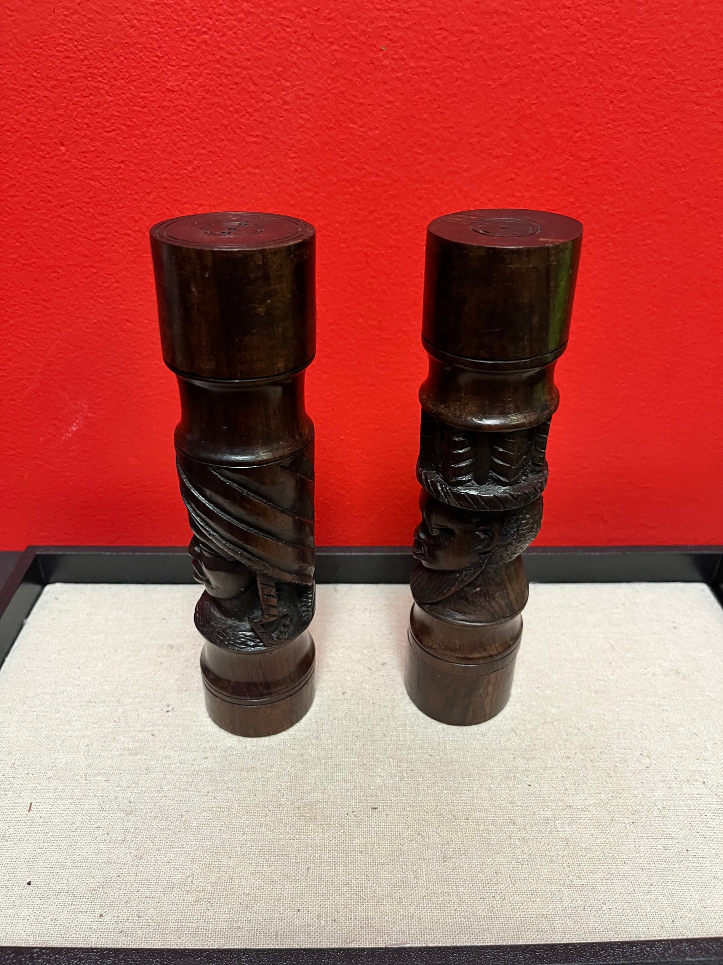 Beautiful 8 inch tall extremely well carved African Ebony wood salt and pepper beautiful design