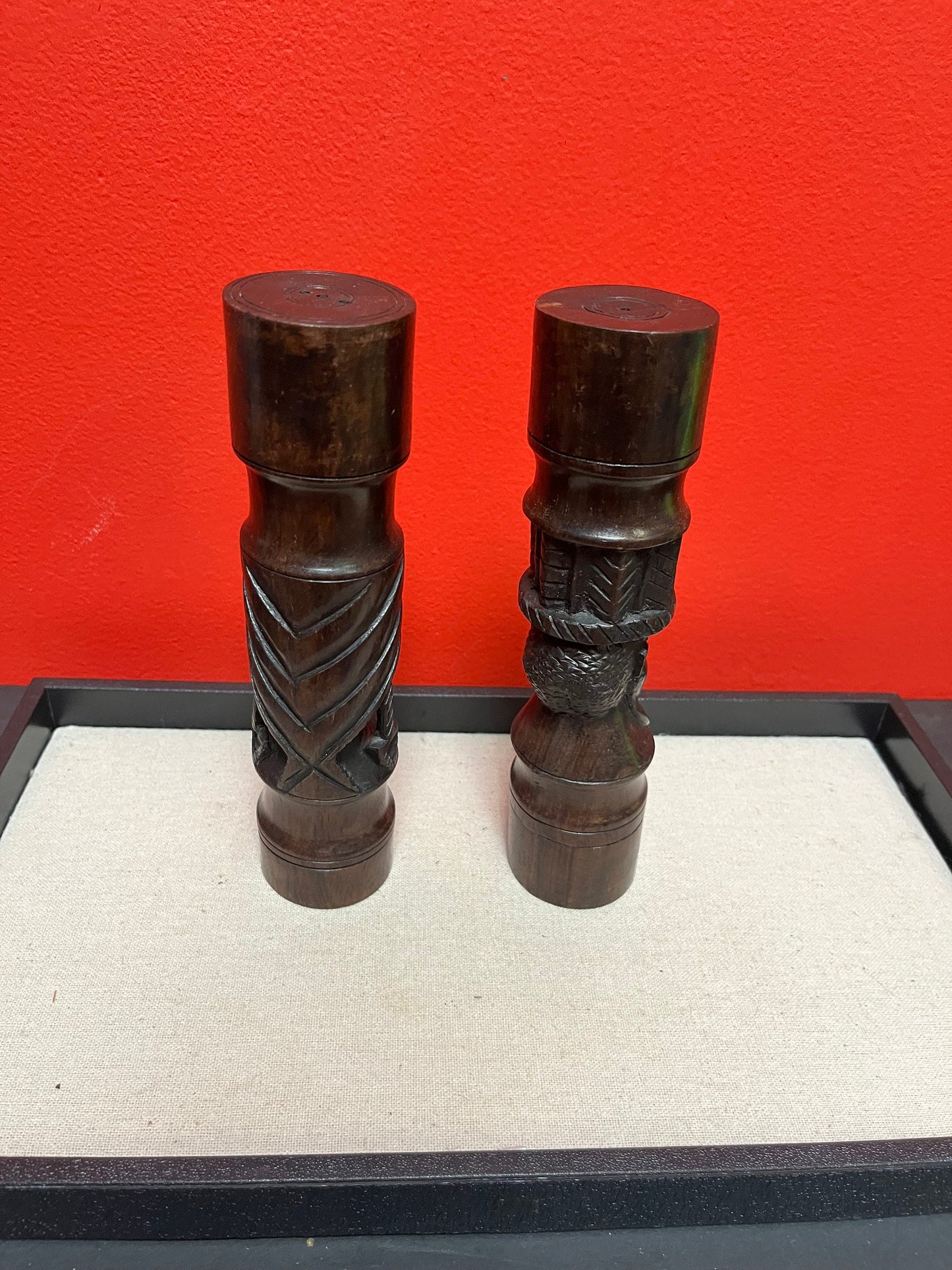 Beautiful 8 inch tall extremely well carved African Ebony wood salt and pepper beautiful design