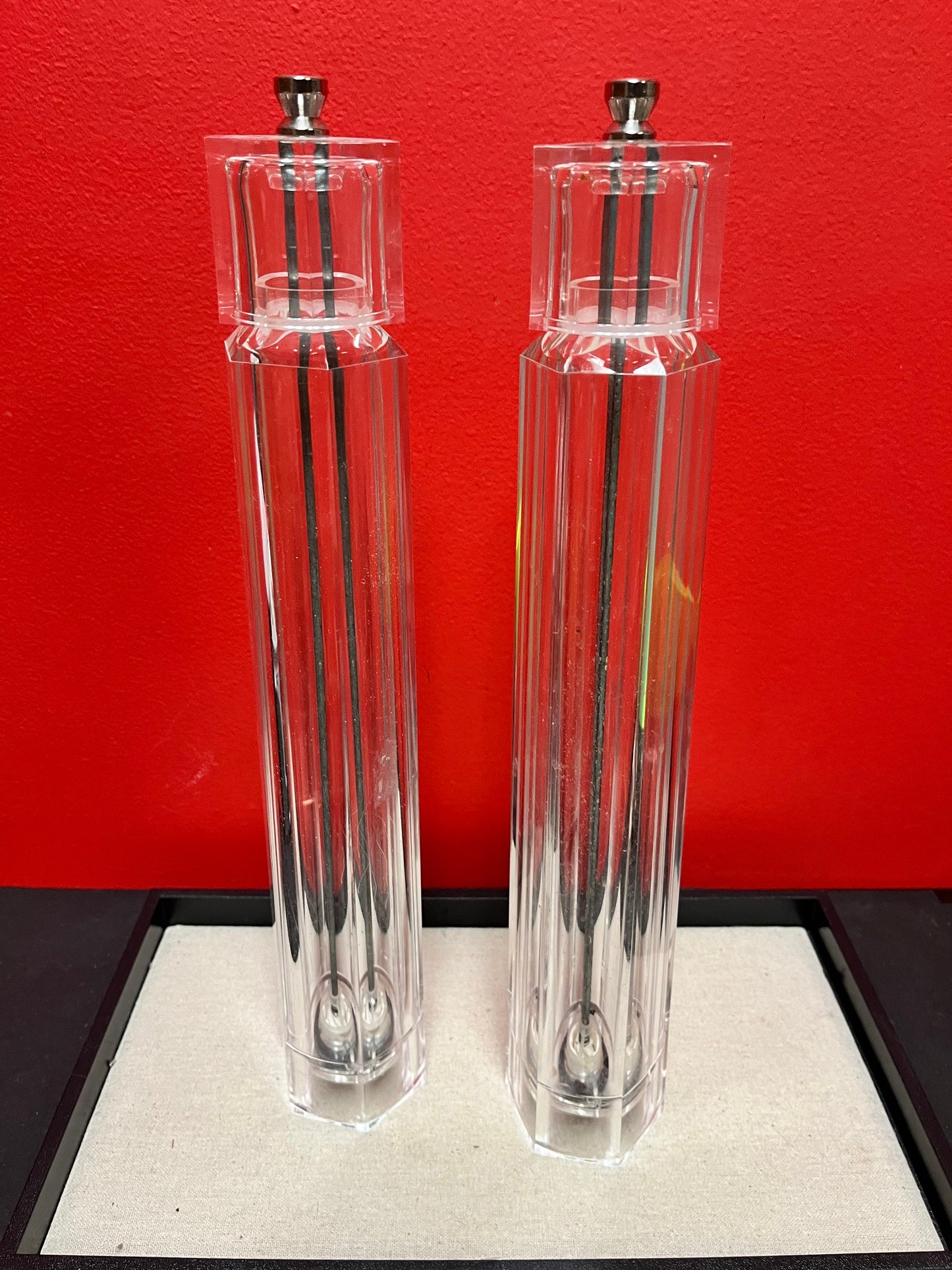Crazy cool vintage chic iconic plexiglass salt and pepper!! these belong on a movie set both 16 inches tall