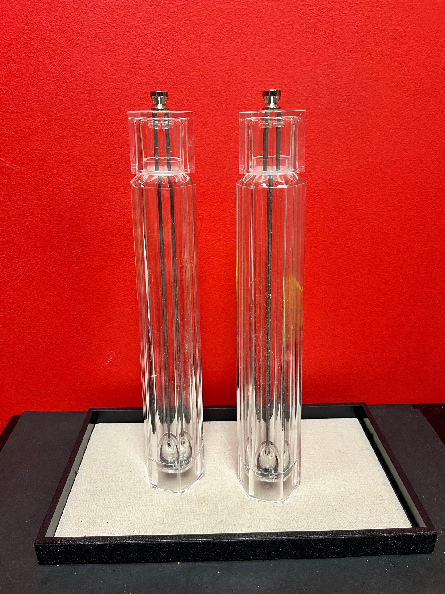 Crazy cool vintage chic iconic plexiglass salt and pepper!! these belong on a movie set both 16 inches tall
