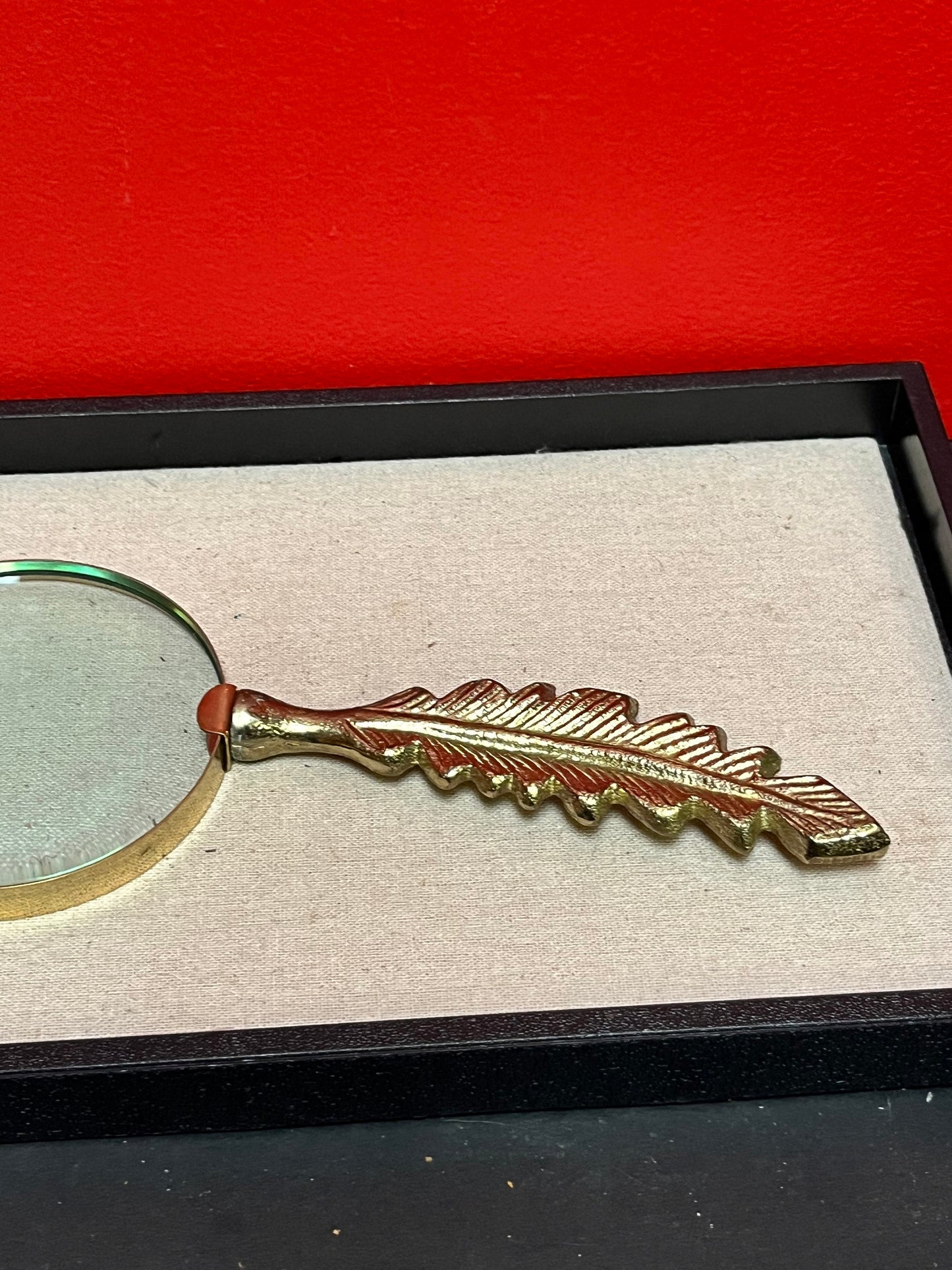 Lovely Moderne 10 inch long, brass feather handled magnifying glass perfect gift