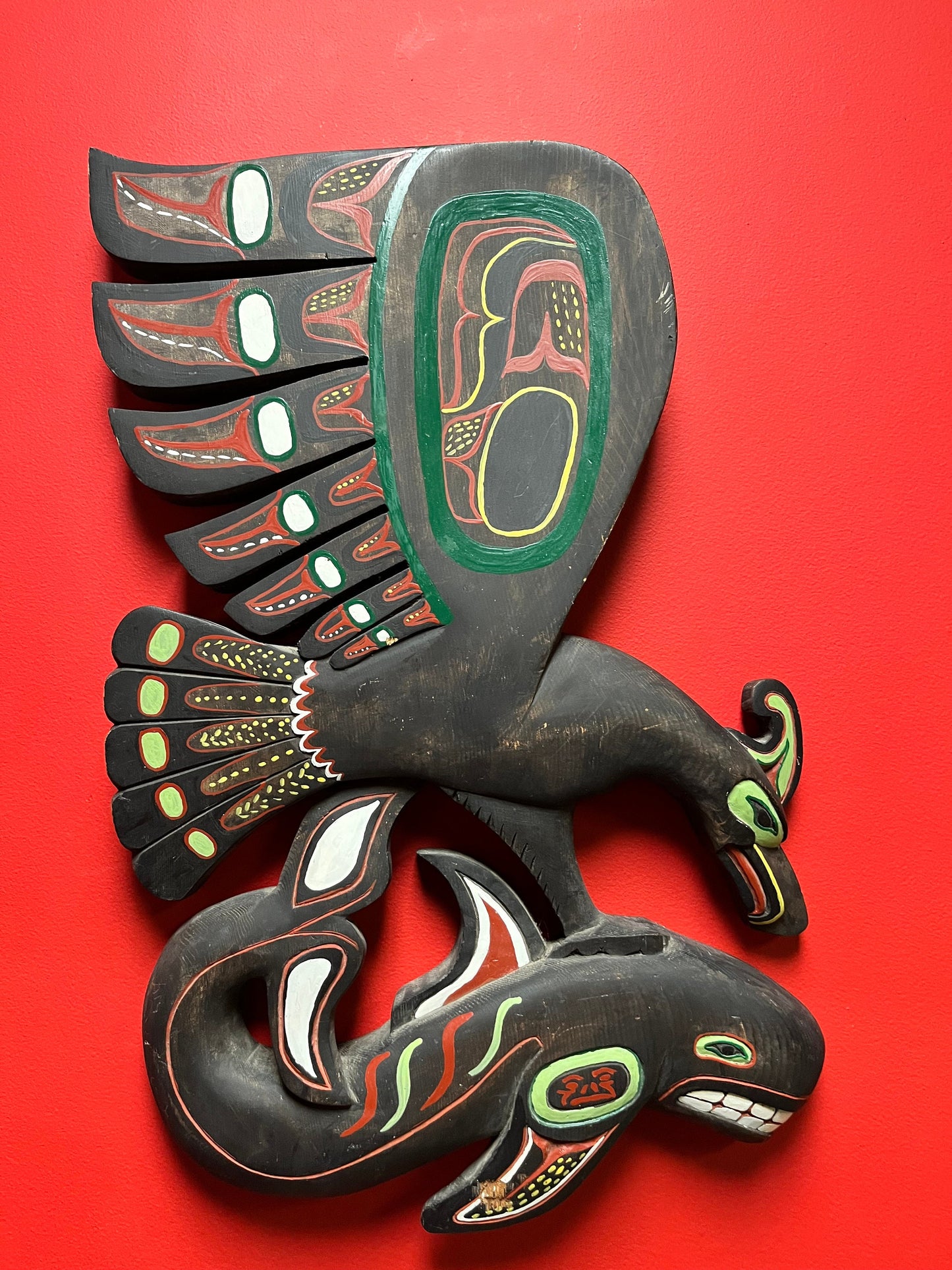 Stunning 26 x 17“ wide indigenous, First Nations north west signed coast signed eagle killer whale plaque Wow.
