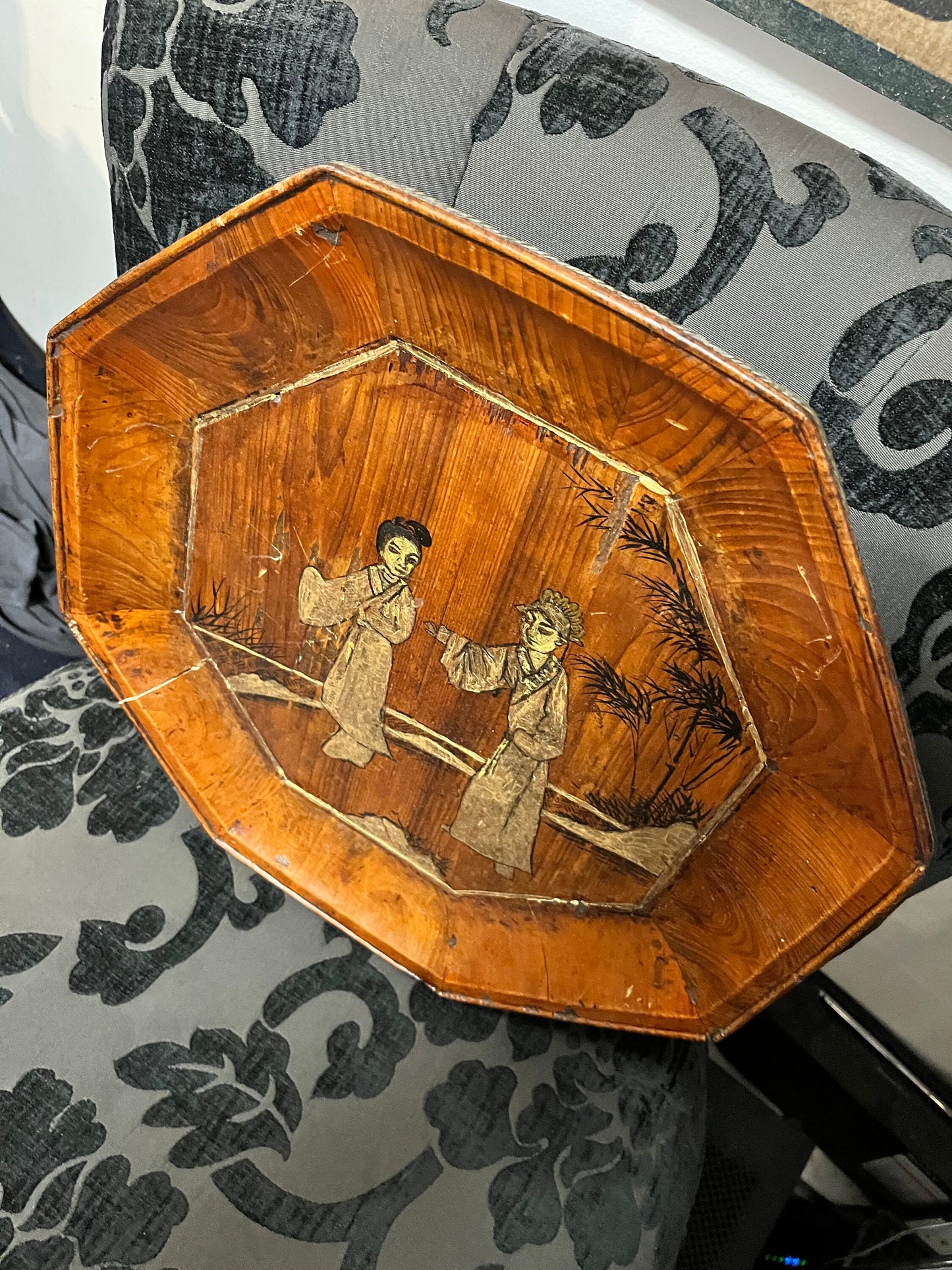 15 inch long, early 19 century signed Chinese wooden and gilded plate wow