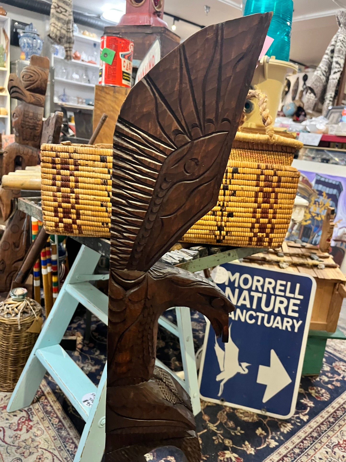 Magnificent 36 inch tall Chris John indigenous first nations, Pacific Northwest winged totem pole great detail and fabulous look